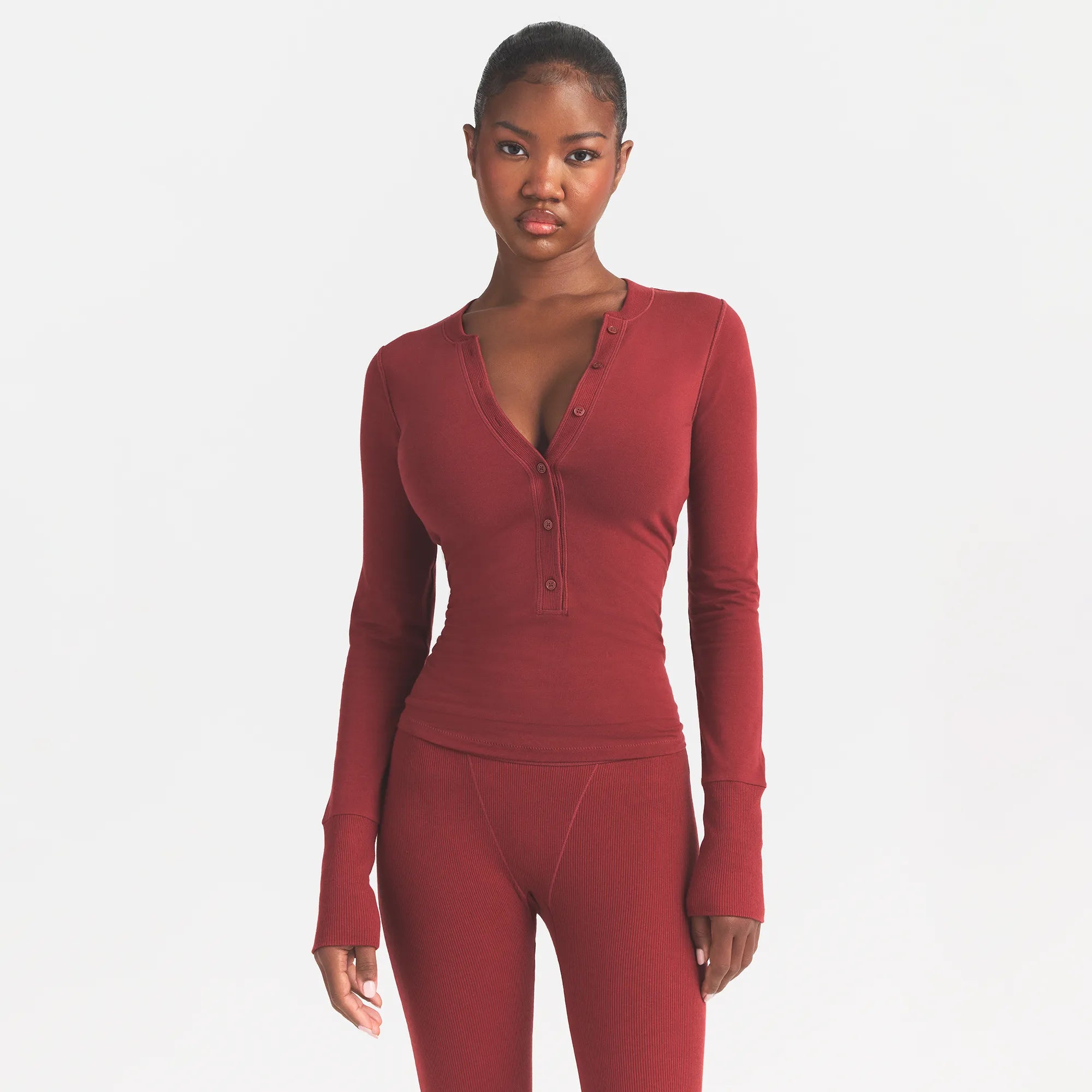COTTON JERSEY HENLEY LONG SLEEVE  | MERLOT ON A MODEL FRONT VIEW @ | FOCUS: 0.0, 1.0, 0.9