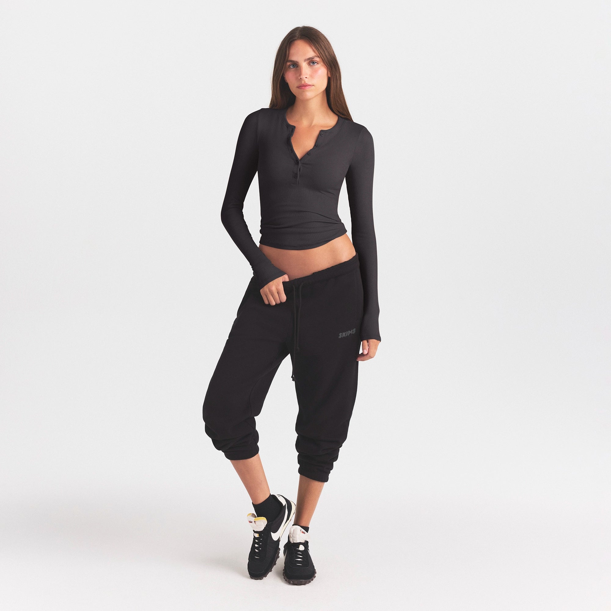 COTTON RIB HENLEY LONG SLEEVE T-SHIRT | SOOT & LAYS FLAT ON A WHITE BACKGROUND | FLT @ | FOCUS: 0.0, 1.0, 0.9