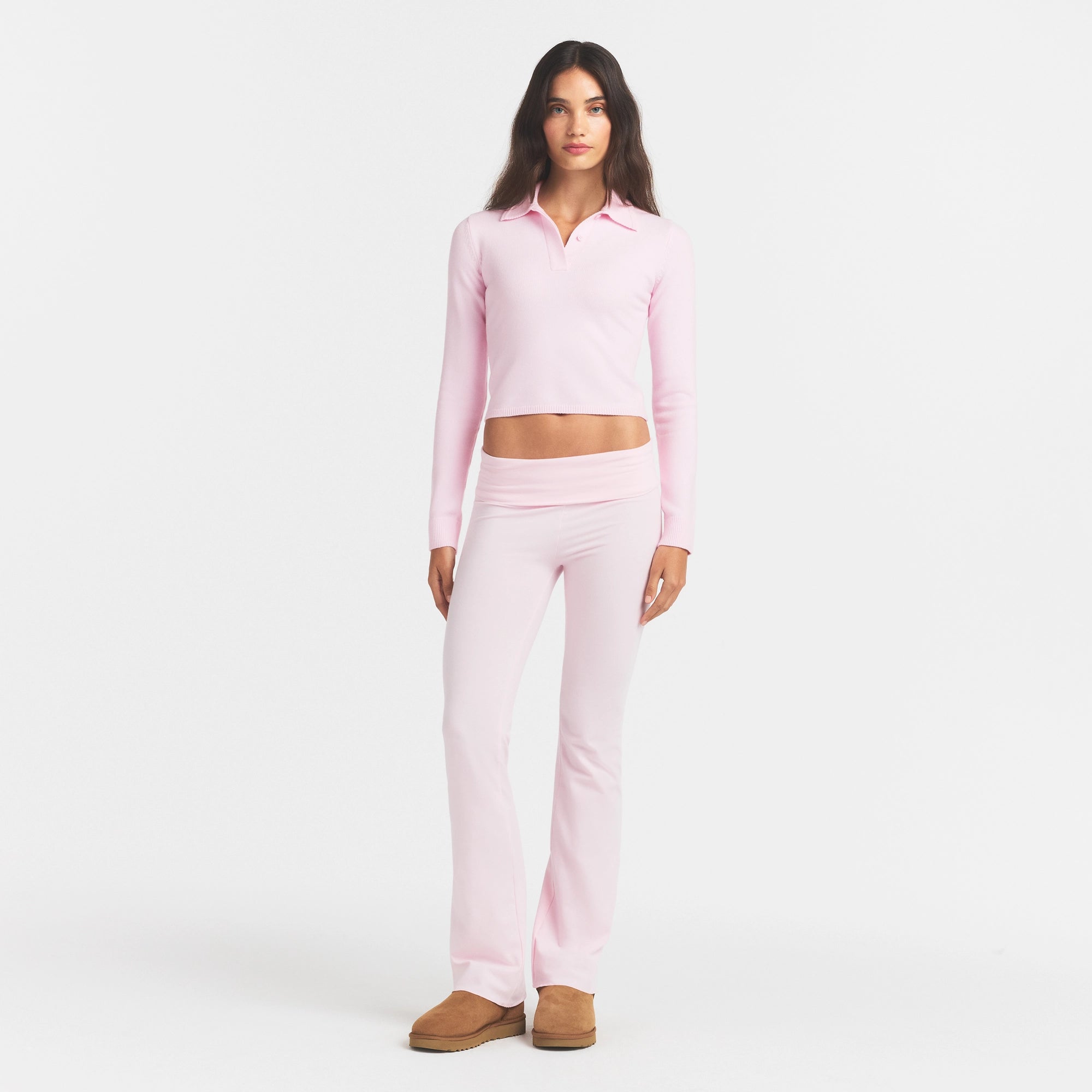 SWEATER KNIT LONG SLEEVE CROPPED POLO | CHERRY BLOSSOM ON A MODEL FRONT VIEW @ | FOCUS: 0.0, 1.0, 0.9
