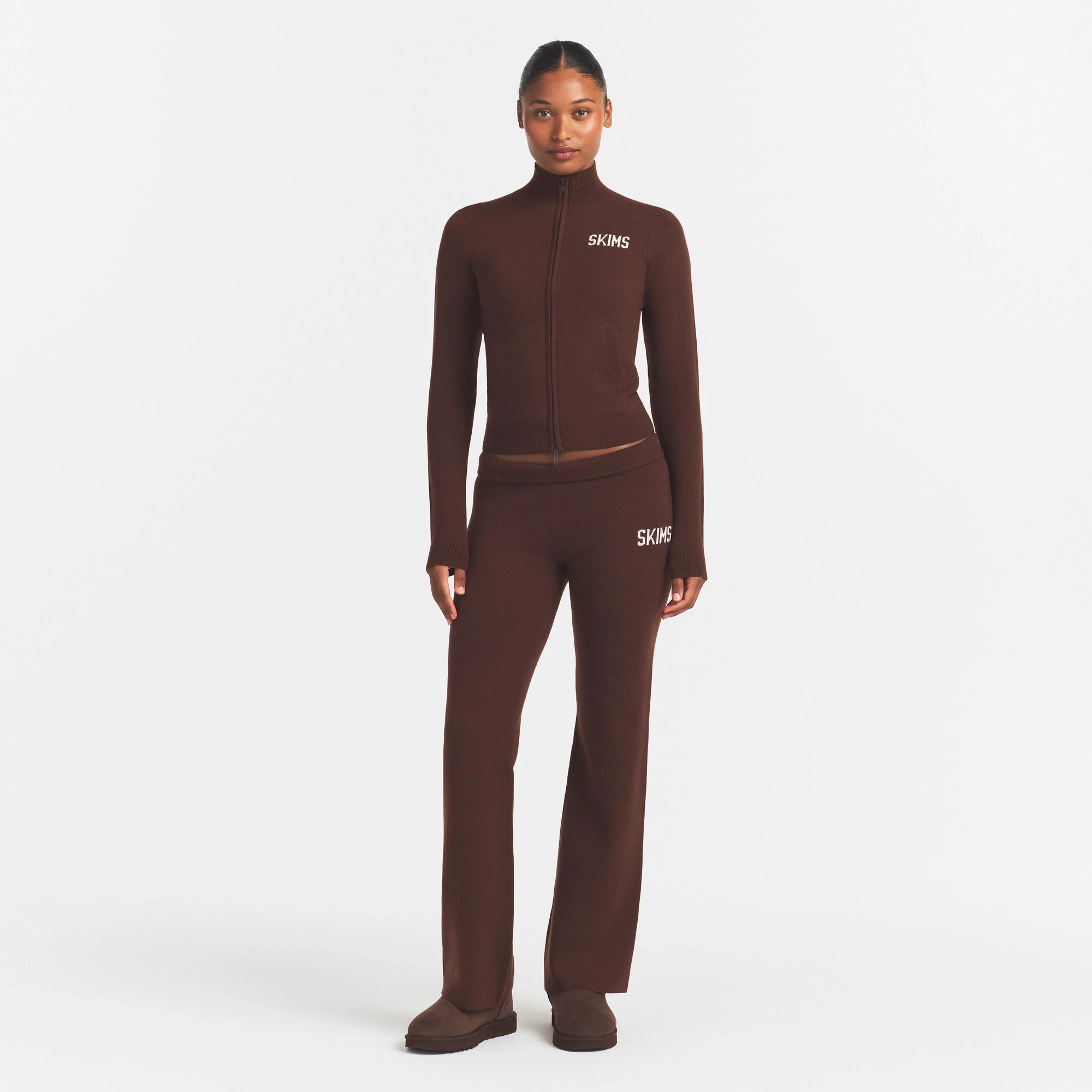 SWEATER KNIT LOGO ZIP UP MOCK NECK SWEATER | COCOA EGRET & LAYS FLAT ON A WHITE BACKGROUND | FLT @ | FOCUS: 0.0, 1.0, 0.9