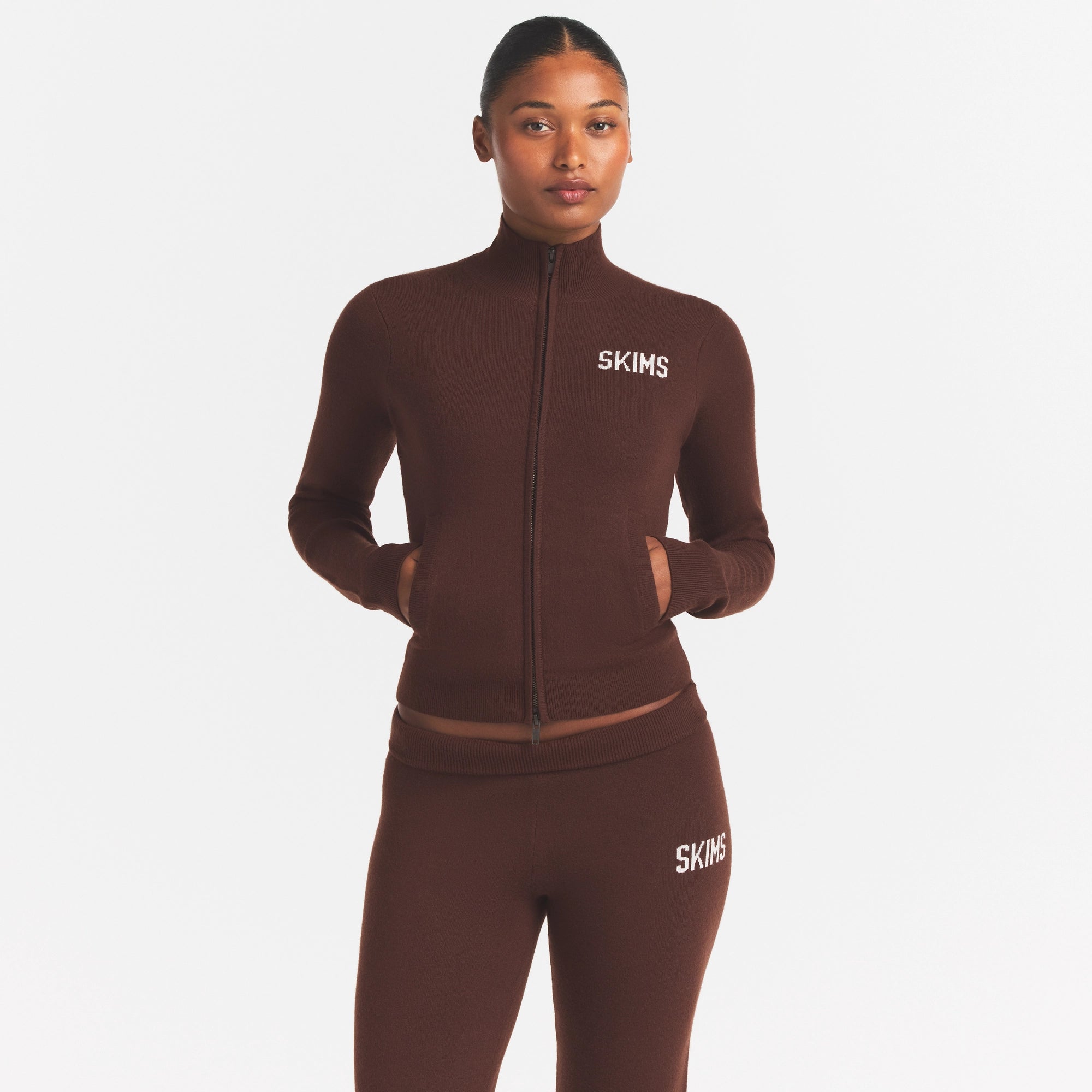 SWEATER KNIT LOGO ZIP UP MOCK NECK SWEATER | COCOA EGRET ON A MODEL FRONT VIEW @ | FOCUS: 0.0, 1.0, 0.9