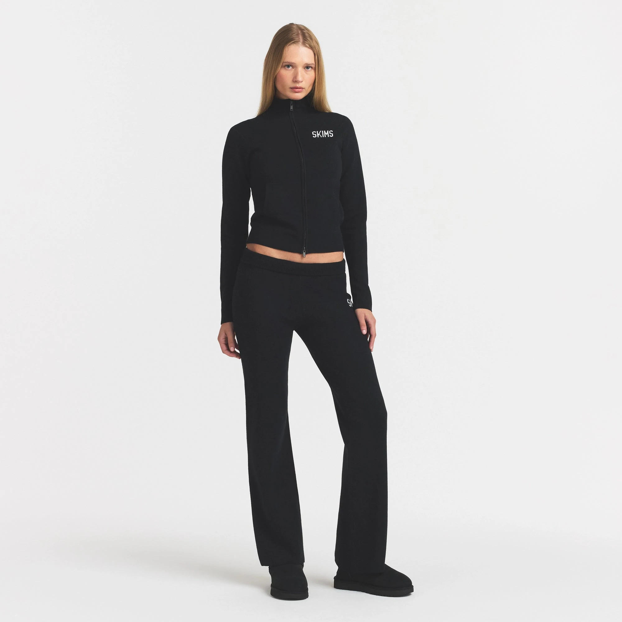 SWEATER KNIT LOGO ZIP UP MOCK NECK SWEATER | ONYX EGRET & LAYS FLAT ON A WHITE BACKGROUND | FLT @ | FOCUS: 0.0, 1.0, 0.9