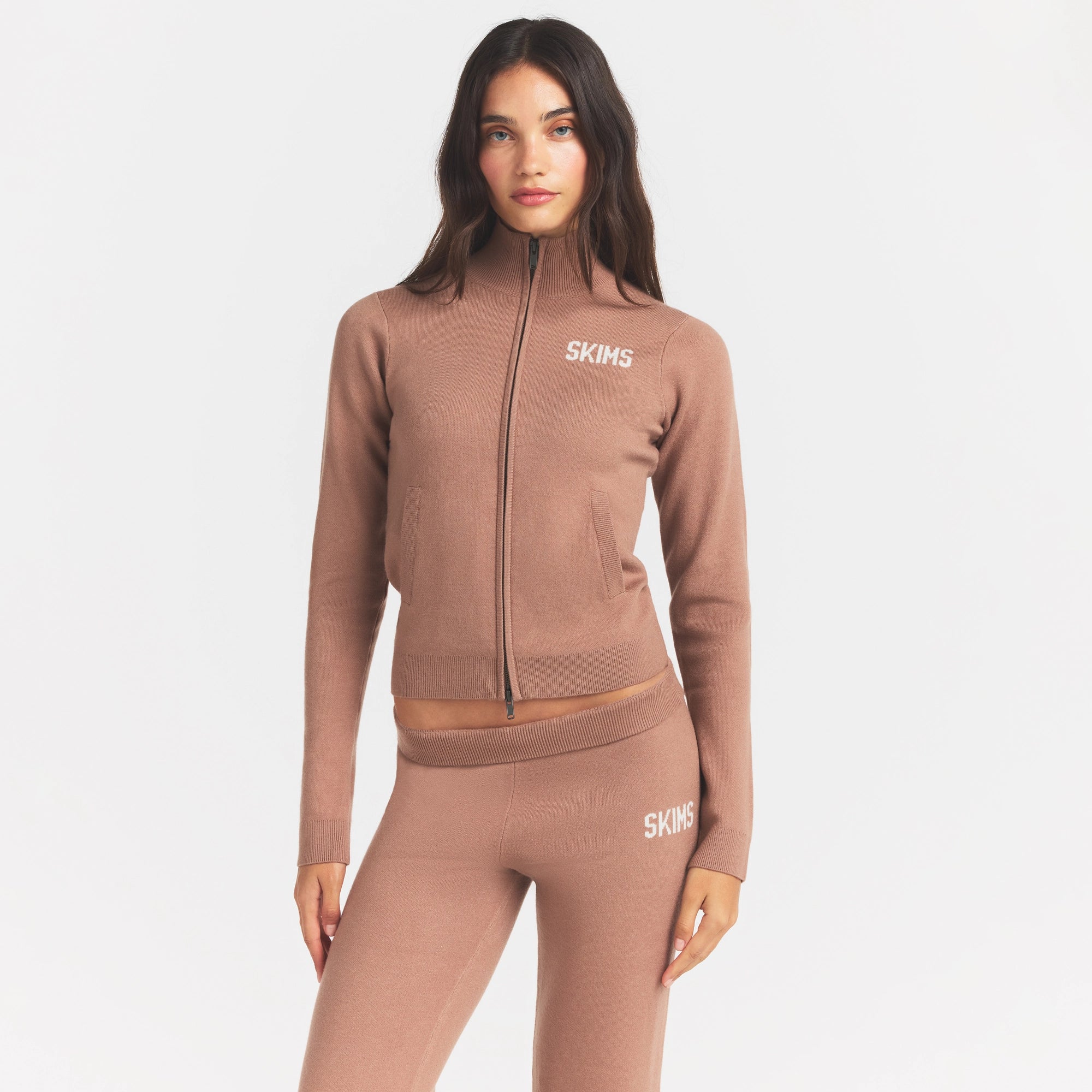 SWEATER KNIT LOGO ZIP UP MOCK NECK SWEATER | SIENNA EGRET ON A MODEL FRONT VIEW @ | FOCUS: 0.0, 1.0, 0.9