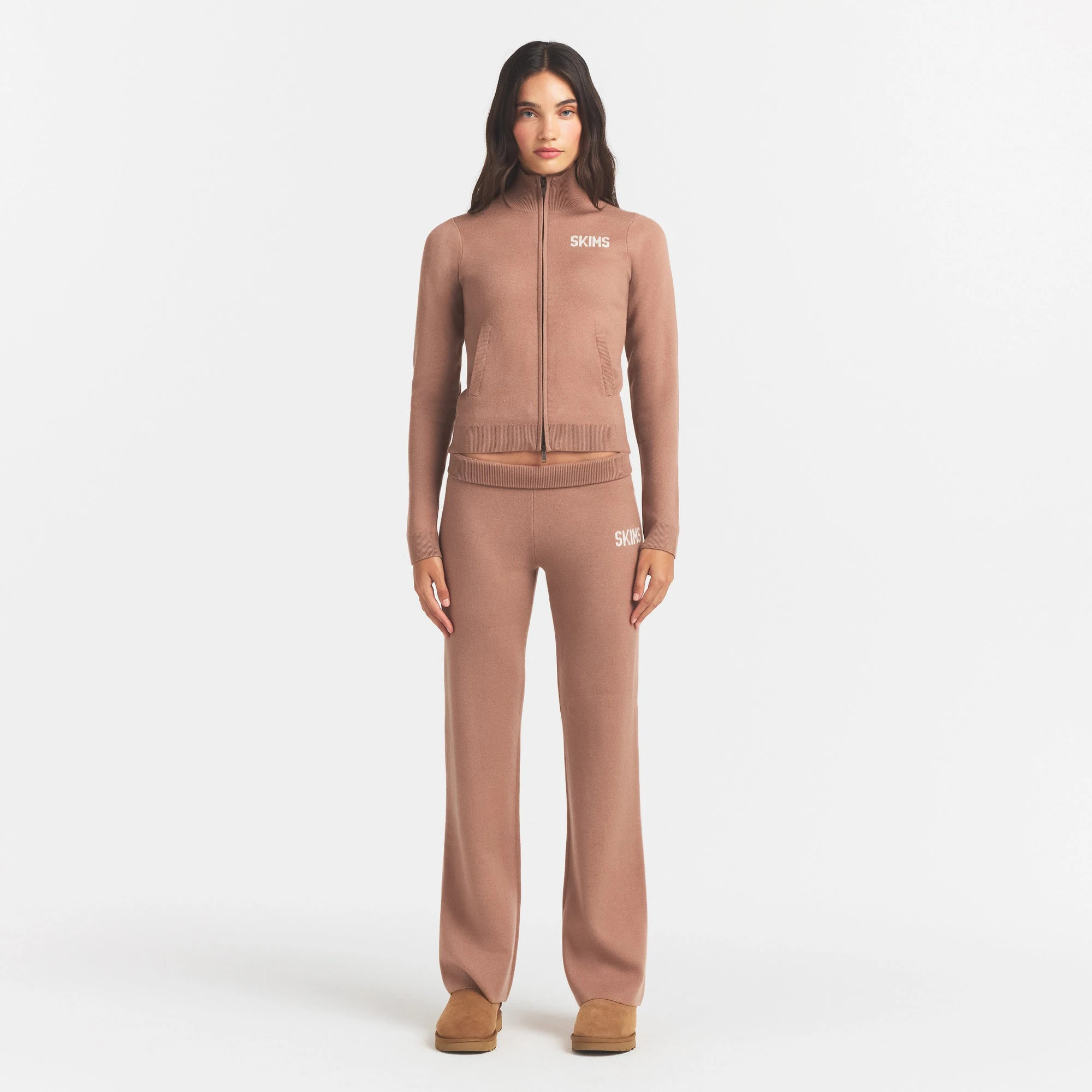SWEATER KNIT LOGO ZIP UP MOCK NECK SWEATER | SIENNA EGRET & LAYS FLAT ON A WHITE BACKGROUND | FLT @ | FOCUS: 0.0, 1.0, 0.9