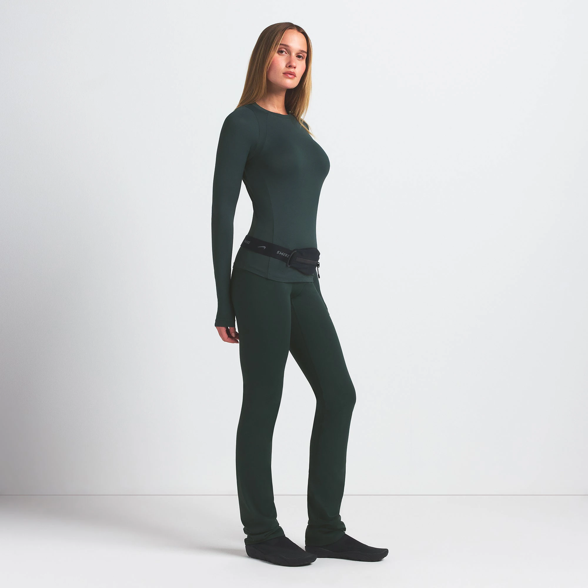 NikeSKIMS AIRY LONG SLEEVE CREW NECK TOP | DARK TEAL ON A MODEL FRONT VIEW @ | FOCUS: 0.0, 1.0, 0.9