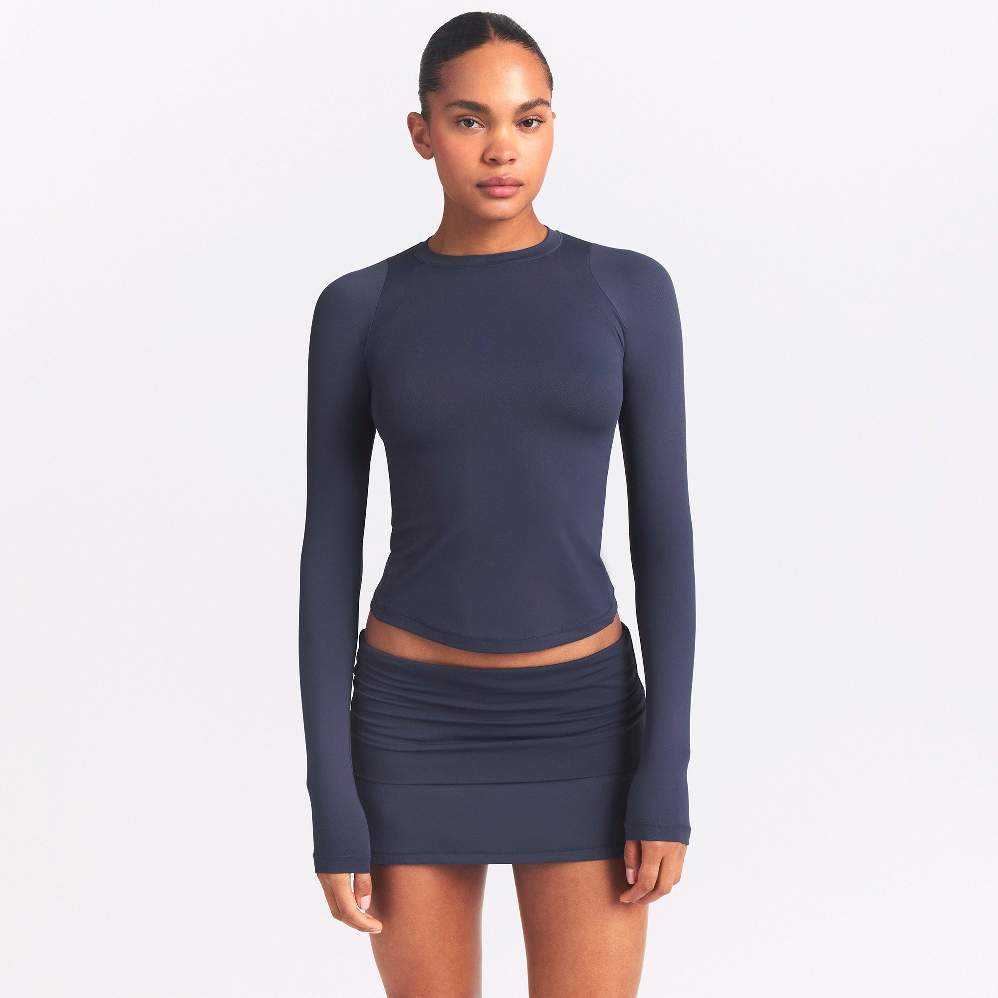 NikeSKIMS AIRY LONG SLEEVE CREW NECK TOP | DEEP ROYAL ON A MODEL SIDE VIEW @ | FOCUS: 0.0, 1.0, 0.9