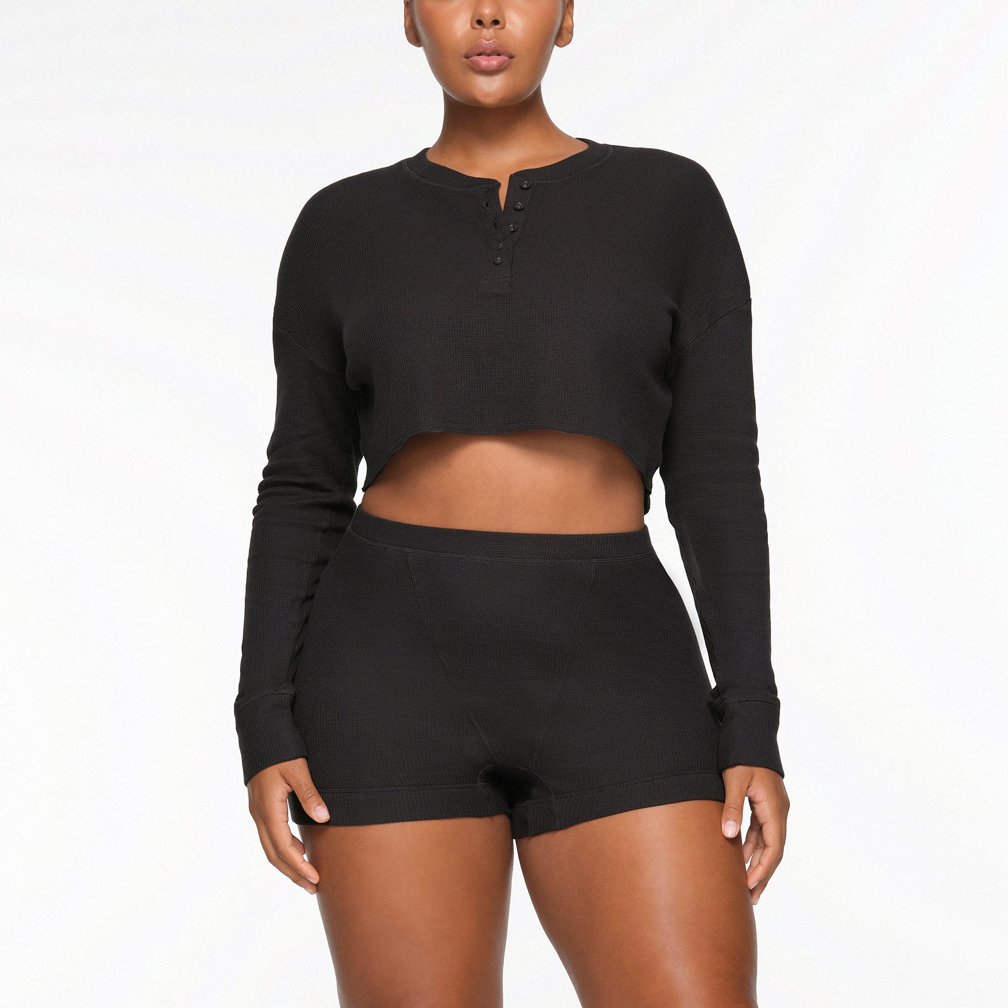 WAFFLE HENLEY CROPPED LONG SLEEVE WORN BY A MODEL IN FRONT VIEW