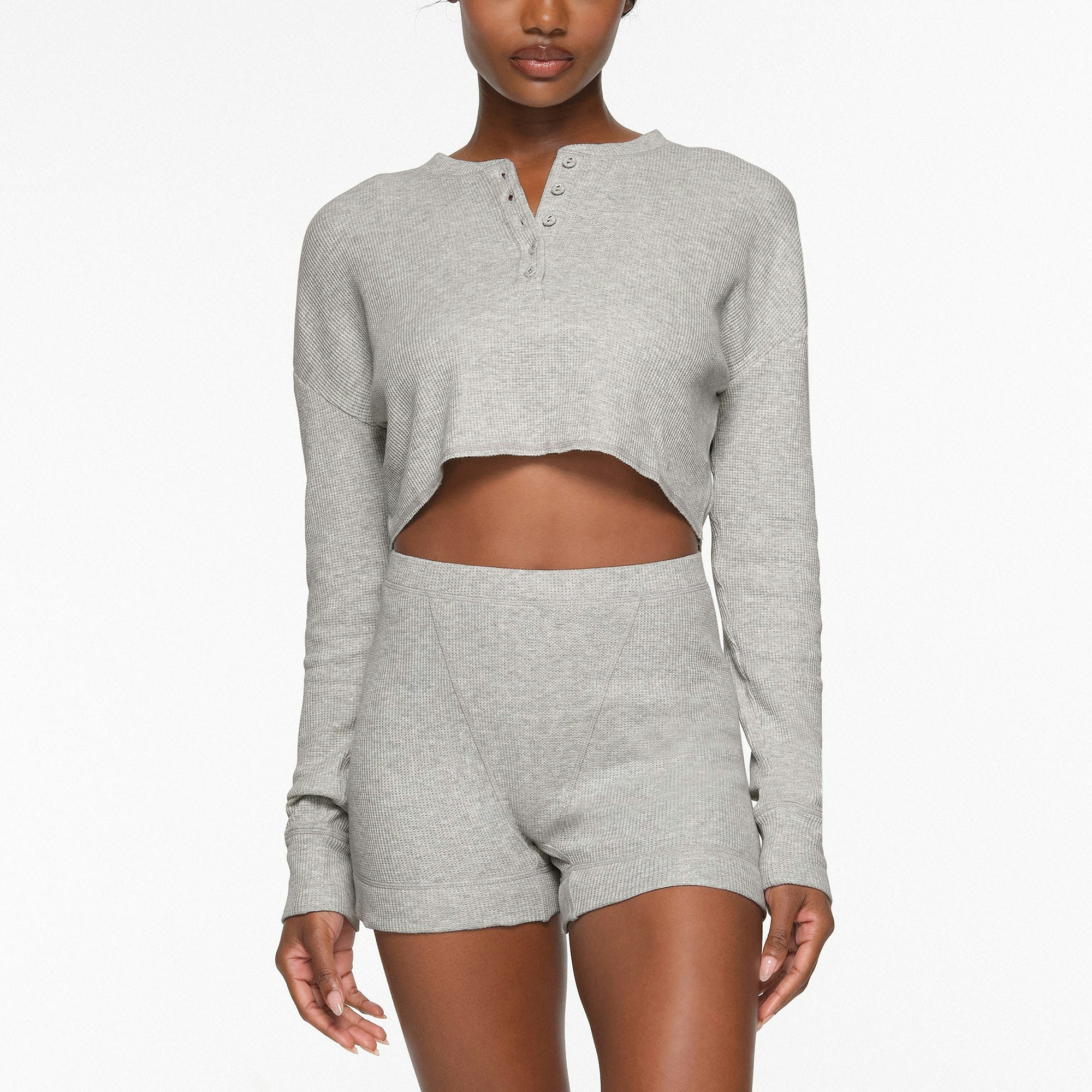 WAFFLE HENLEY CROPPED LONG SLEEVE WORN BY A MODEL IN FRONT VIEW