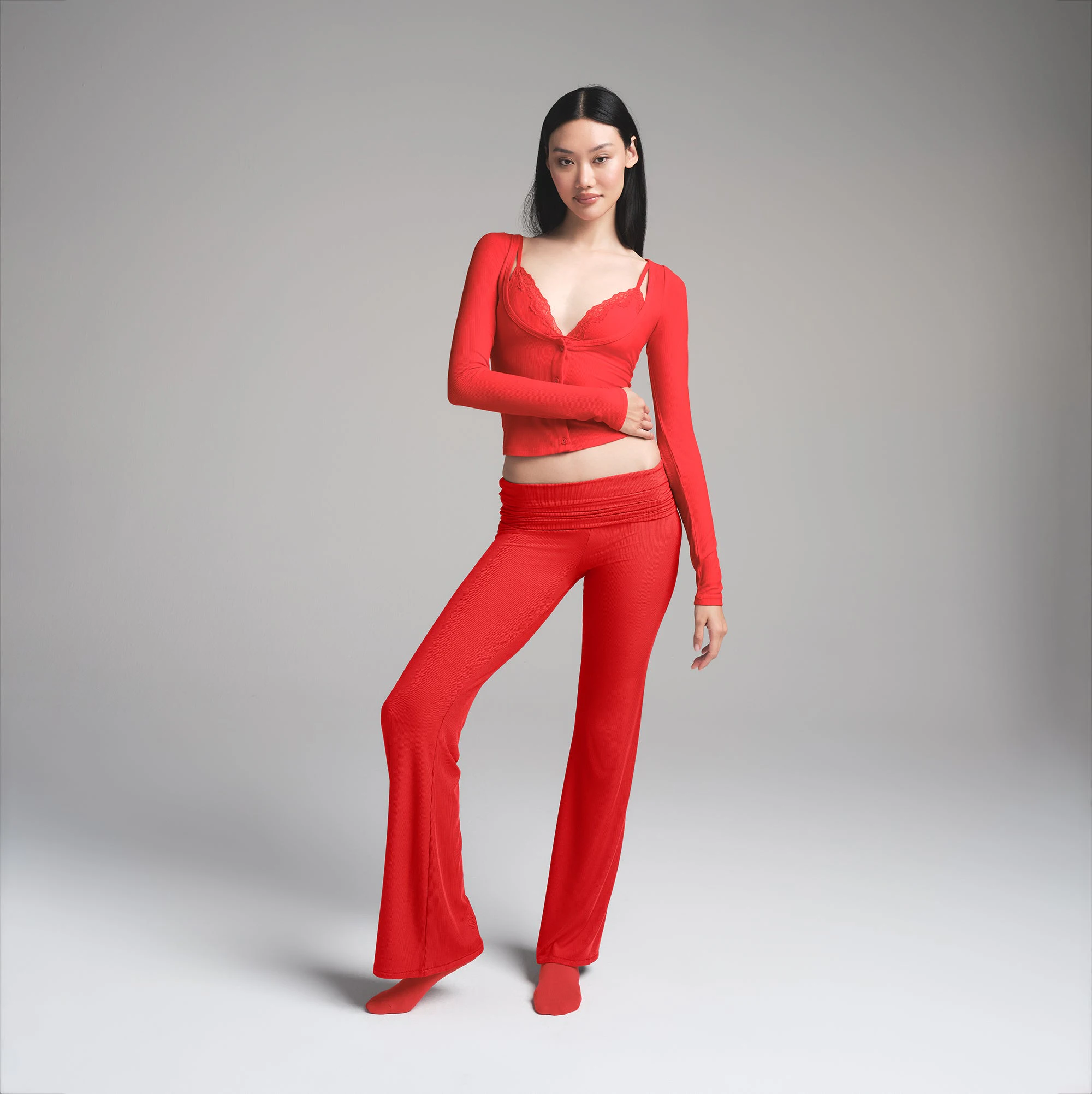 SOFT LOUNGE LACE LONG SLEEVE TOP WITH BRALETTE | CHERRY ON A MODEL FRONT VIEW | FOCUS: 0.0, 1.0, 0.9