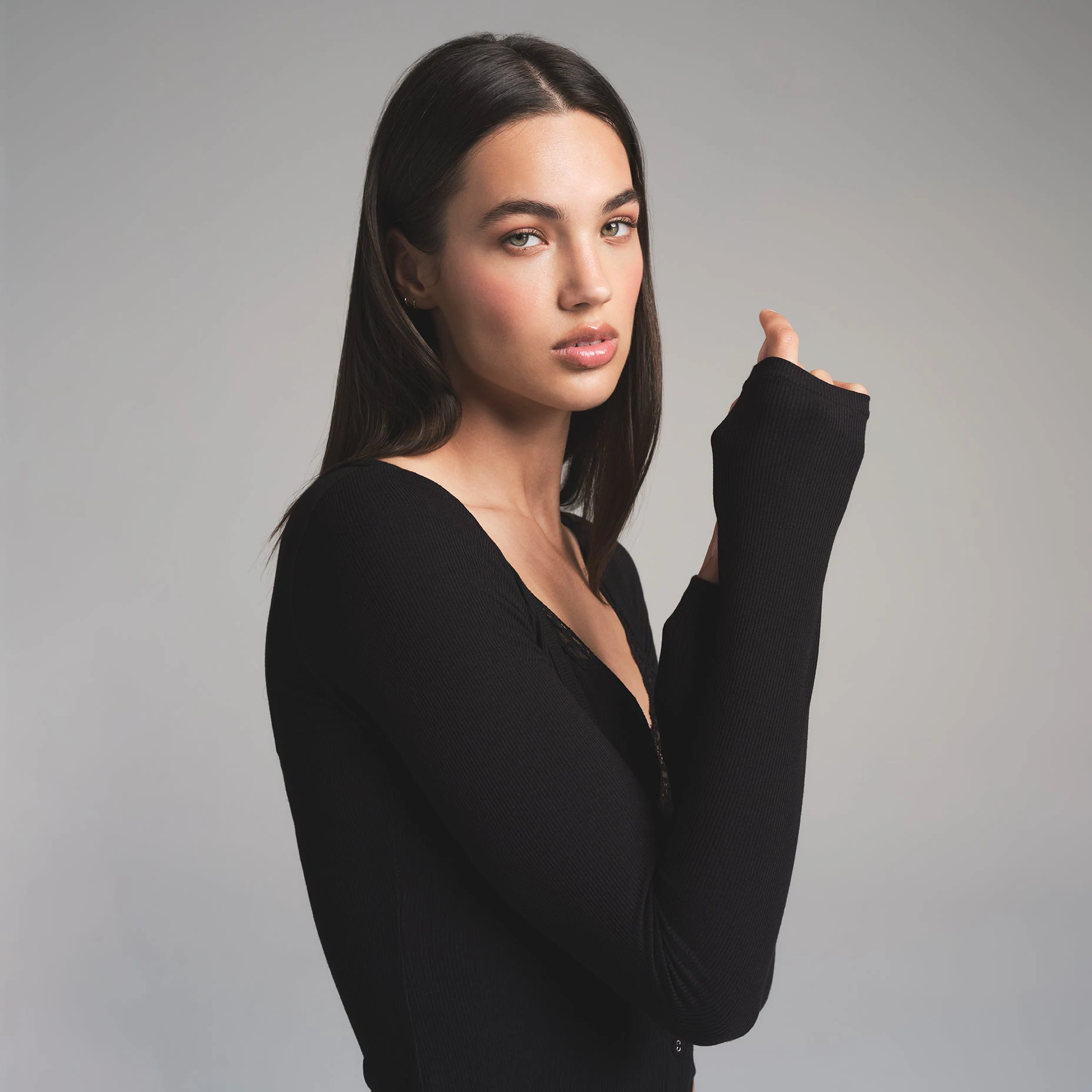 SOFT LOUNGE LACE LONG SLEEVE TOP WITH BRALETTE | ONYX ON A MODEL SIDE VIEW | FOCUS: 0.0, 1.0, 0.9