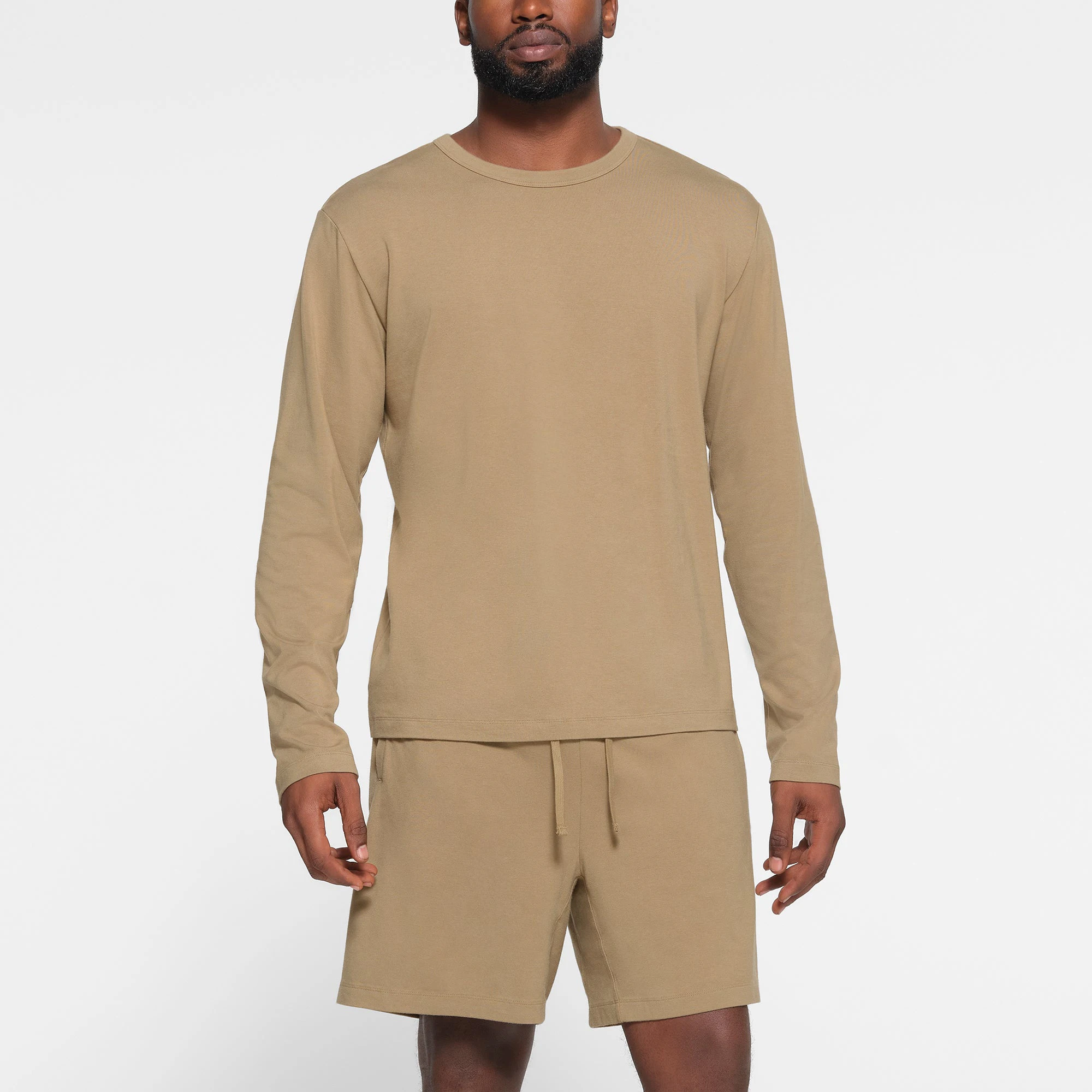 LOUNGE JERSEY MENS LONG SLEEVE T-SHIRT | KHAKI ON A MODEL FRONT VIEW