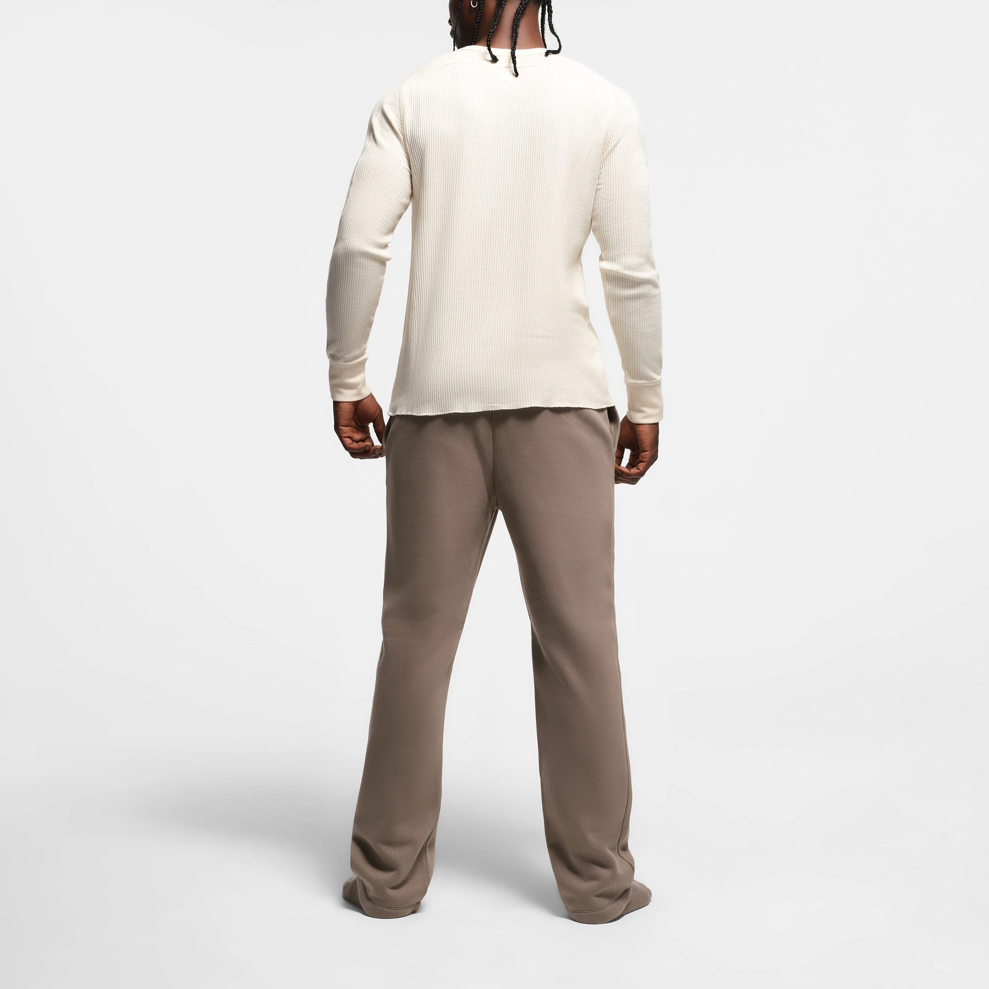 WAFFLE MENS SLIM LONG SLEEVE HENLEY | ECRU ON A MODEL BACK VIEW @ | FOCUS: 0.9, 0.1, 0.7
