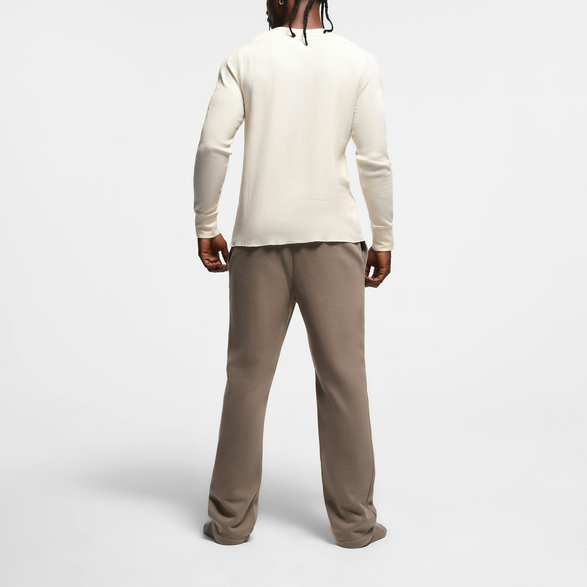 WAFFLE MENS SLIM LONG SLEEVE HENLEY | ECRU ON A MODEL BACK VIEW @ | FOCUS: 0.9, 0.1, 0.7
