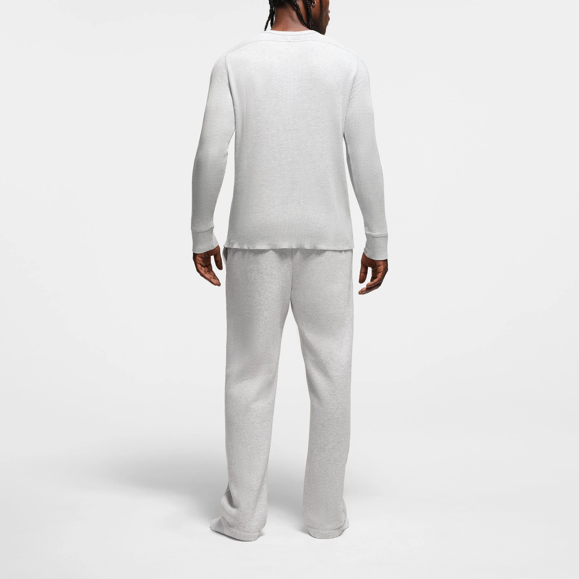 WAFFLE MENS SLIM LONG SLEEVE HENLEY | LIGHT HEATHER GREY ON A MODEL BACK VIEW @ | FOCUS: 0.9, 0.1, 0.7