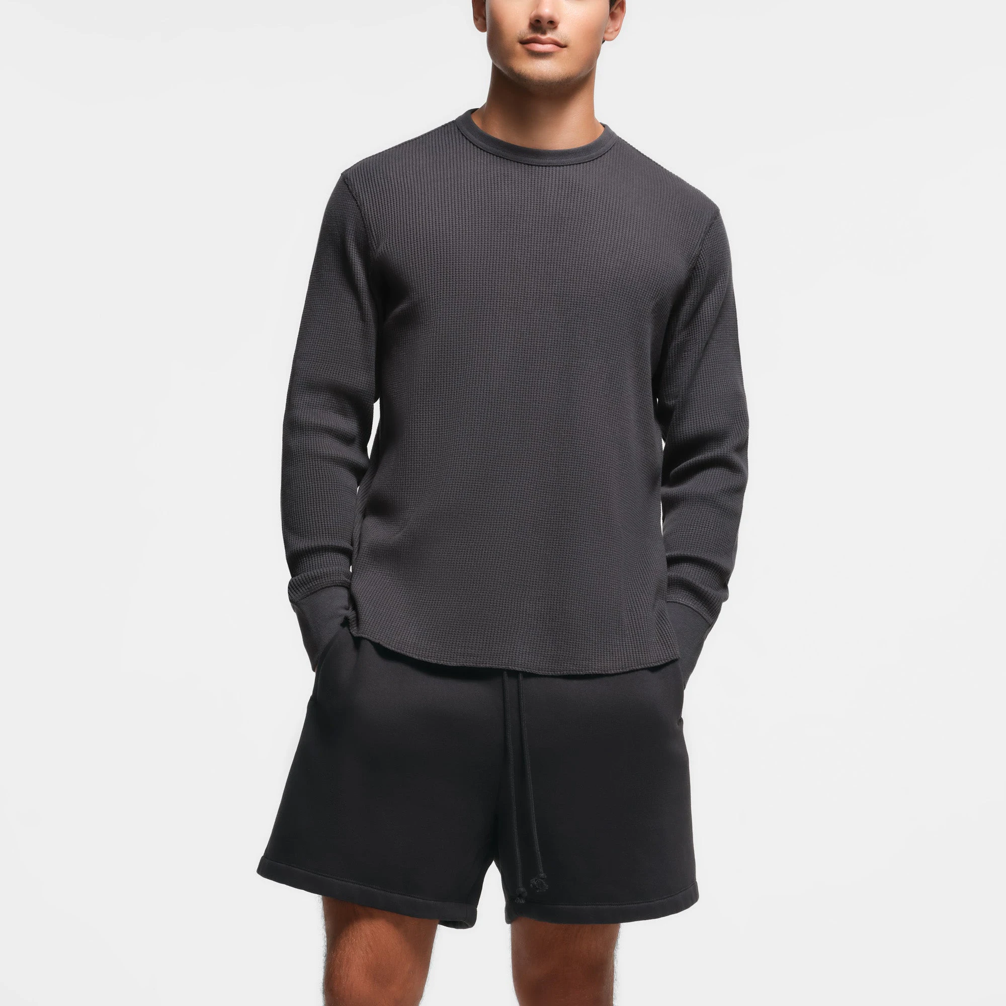 WAFFLE MENS LONG SLEEVE T-SHIRT | ASH ON A MODEL FRONT VIEW
