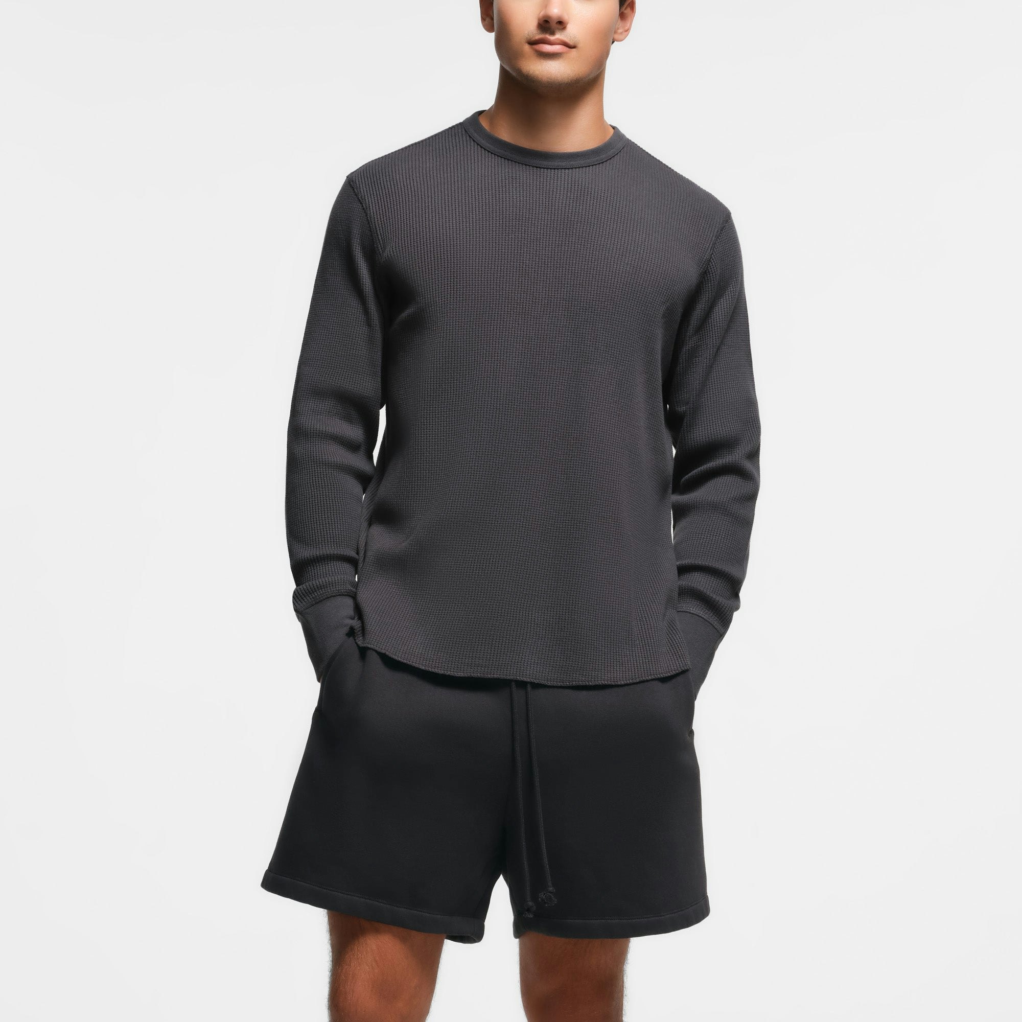 WAFFLE MENS LONG SLEEVE T-SHIRT | ASH ON A MODEL FRONT VIEW