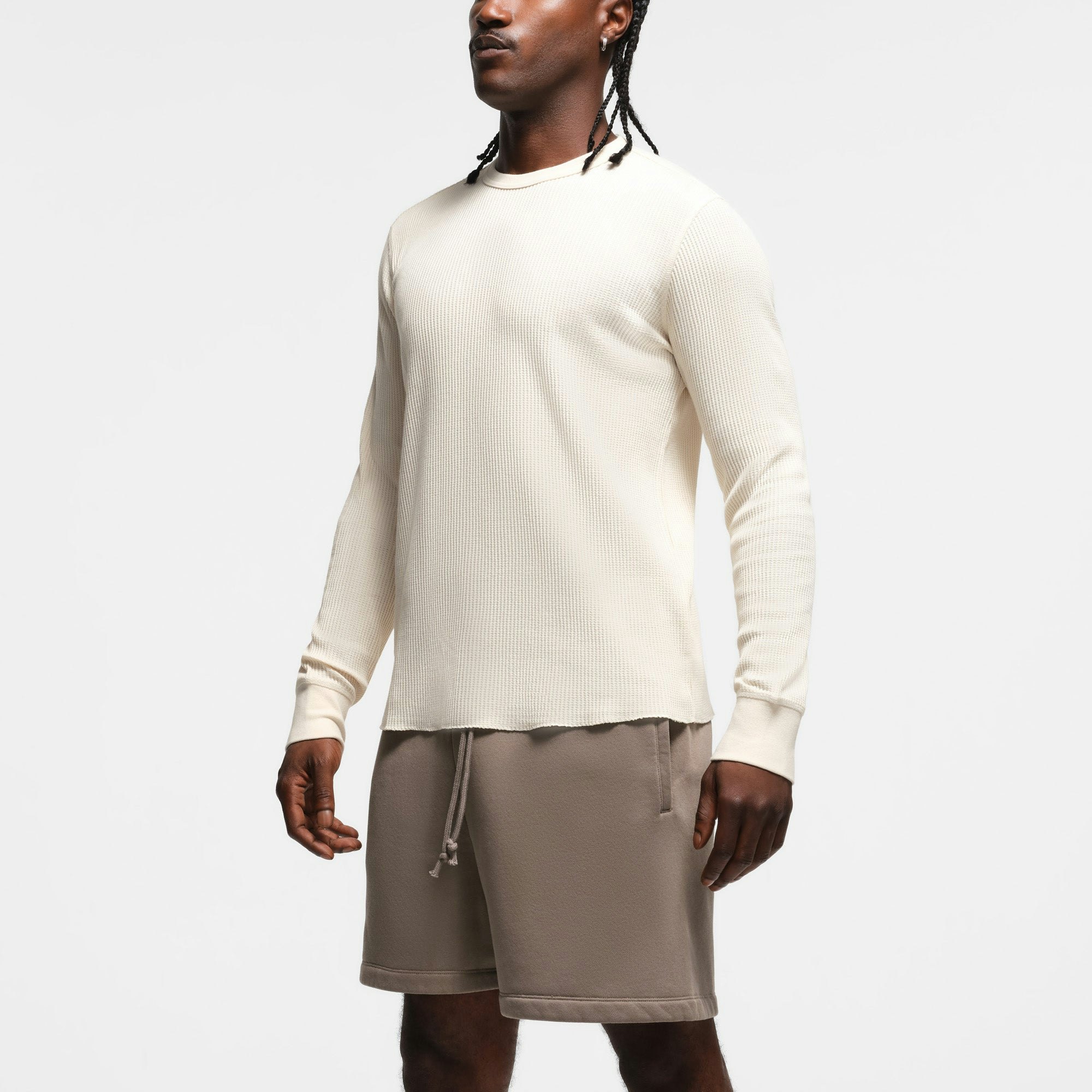 WAFFLE MENS LONG SLEEVE T-SHIRT | ECRU ON A MODEL SIDE VIEW