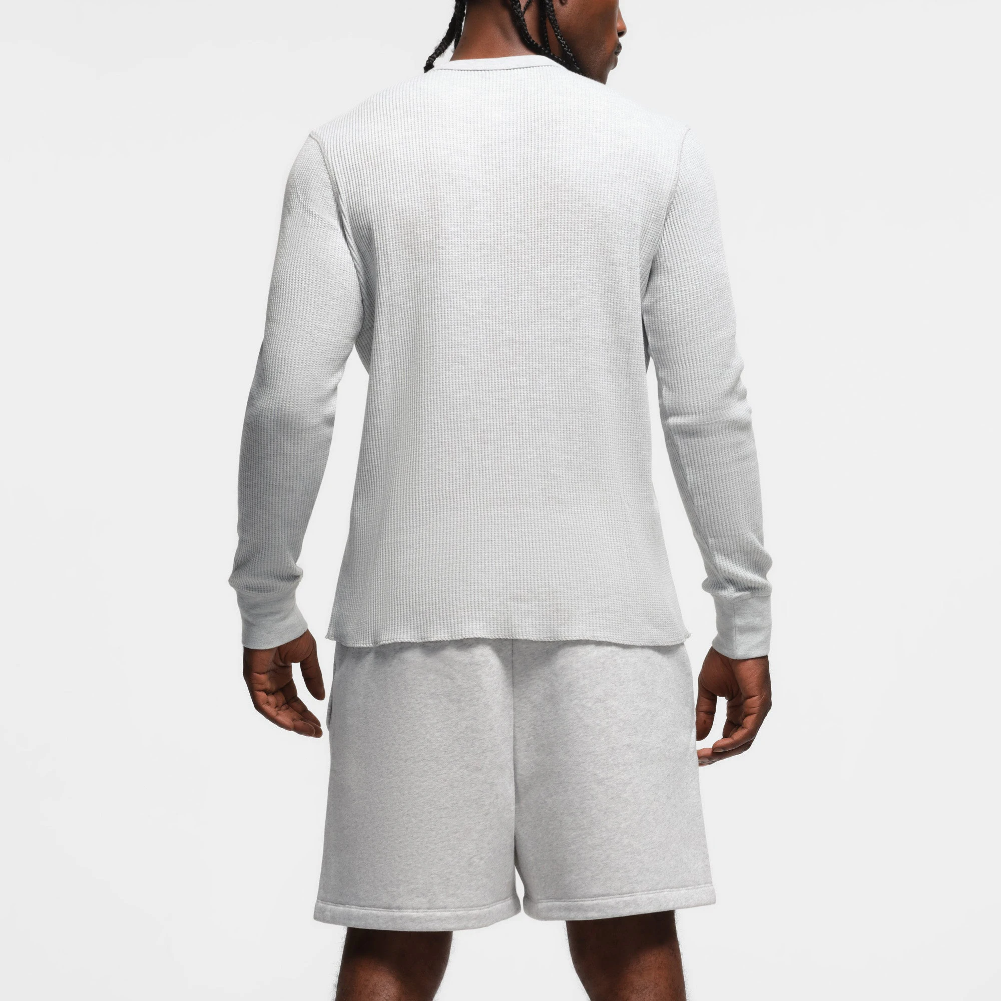 WAFFLE MENS LONG SLEEVE T-SHIRT | LIGHT HEATHER GREY ON A MODEL BACK VIEW