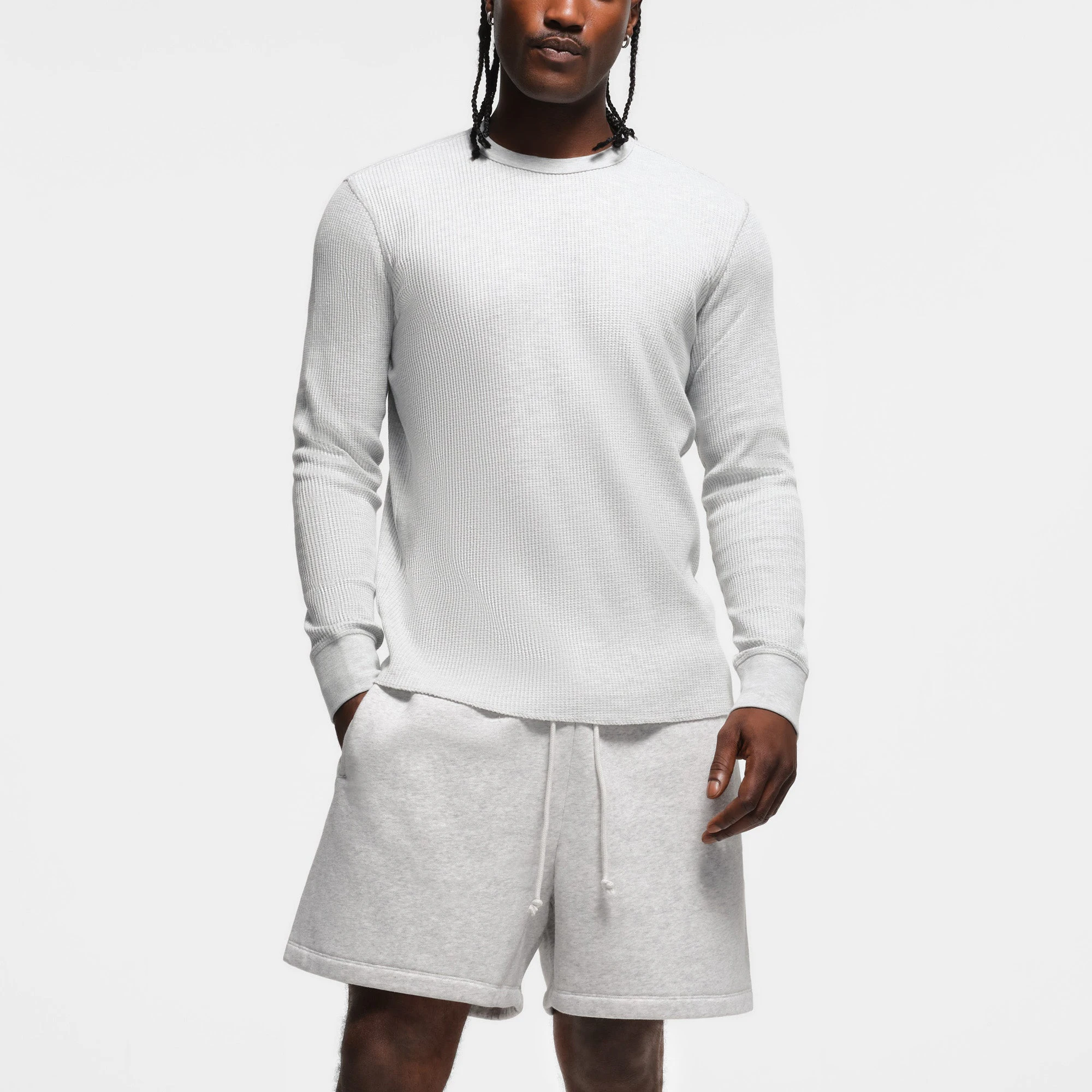 WAFFLE MENS LONG SLEEVE T-SHIRT | LIGHT HEATHER GREY ON A MODEL FRONT VIEW