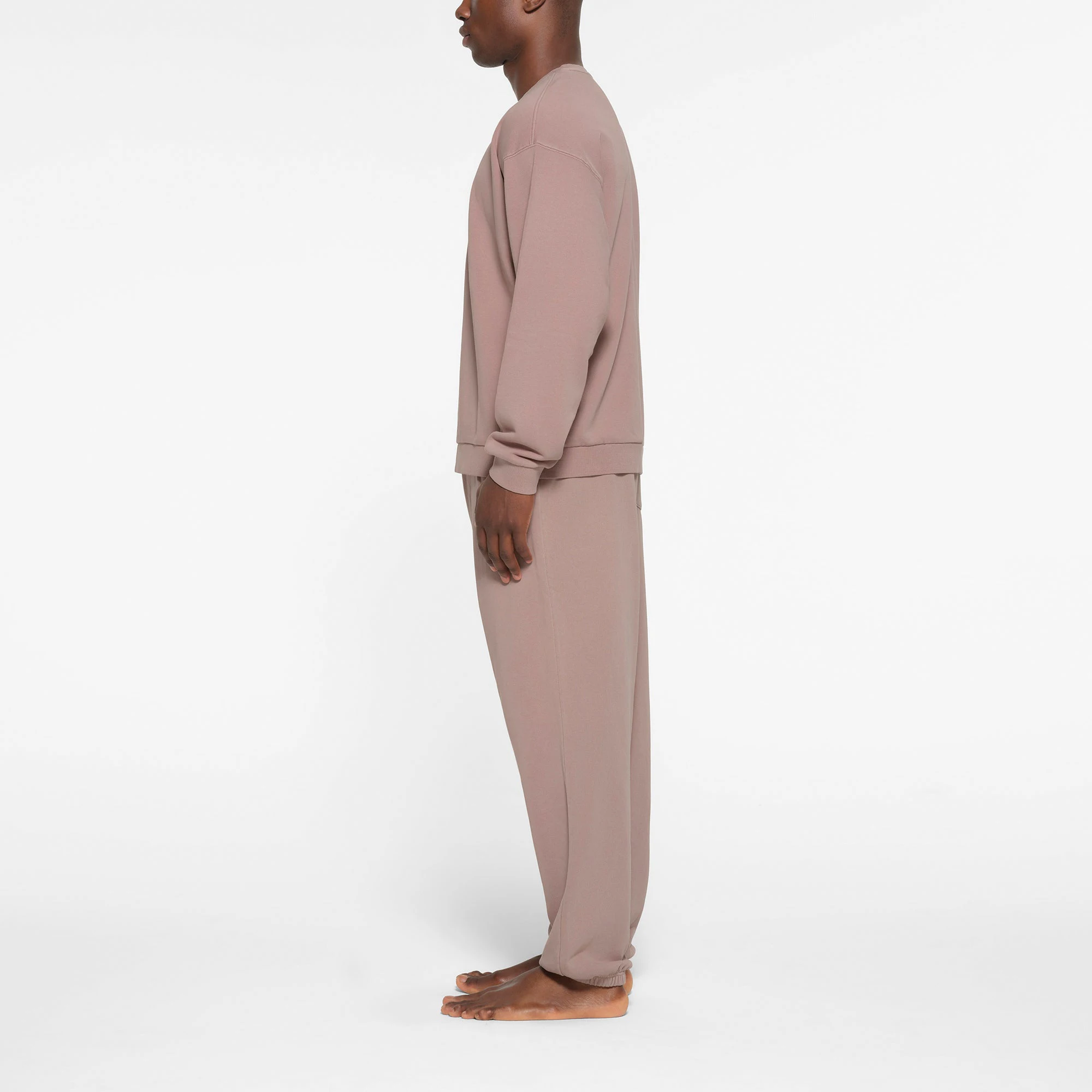 TERRY MENS RELAXED CREWNECK | FAWN ON A MODEL SIDE VIEW