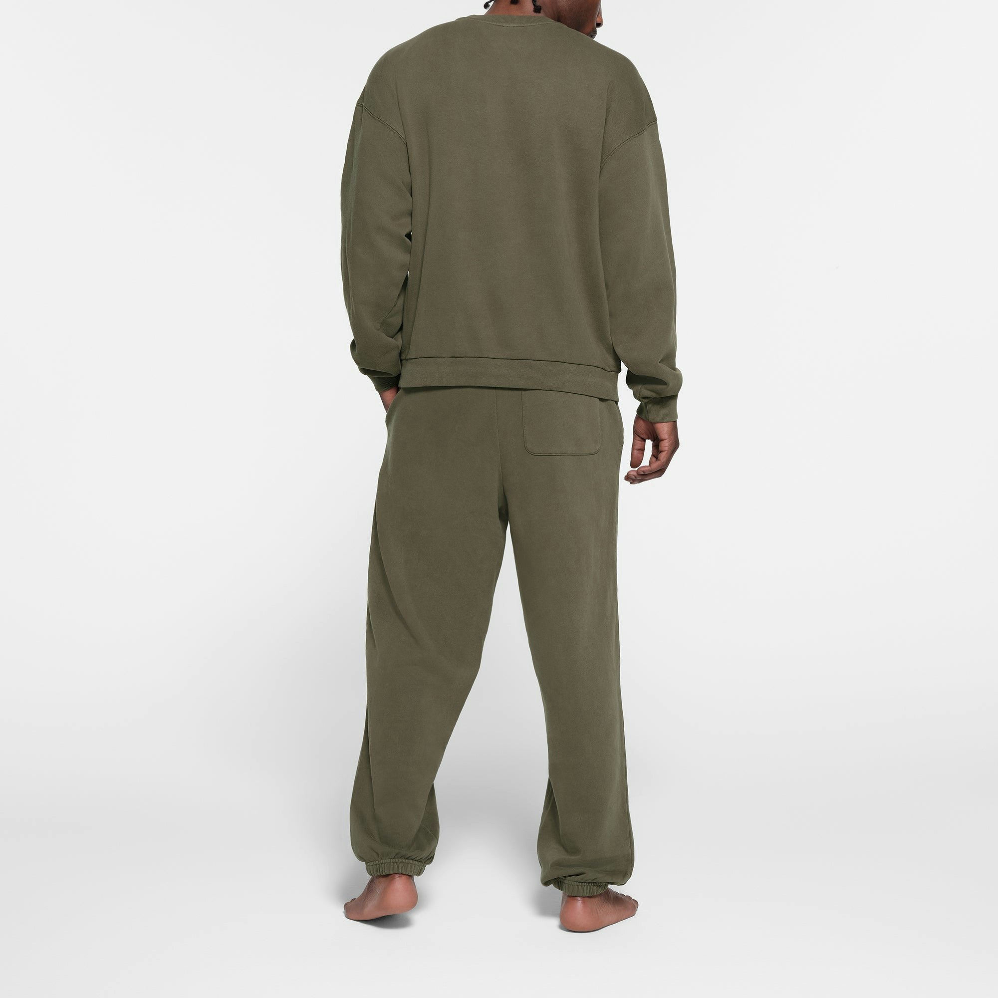 TERRY FLEECE MENS RELAXED CREWNECK | MILITARY ON A MODEL BACK VIEW