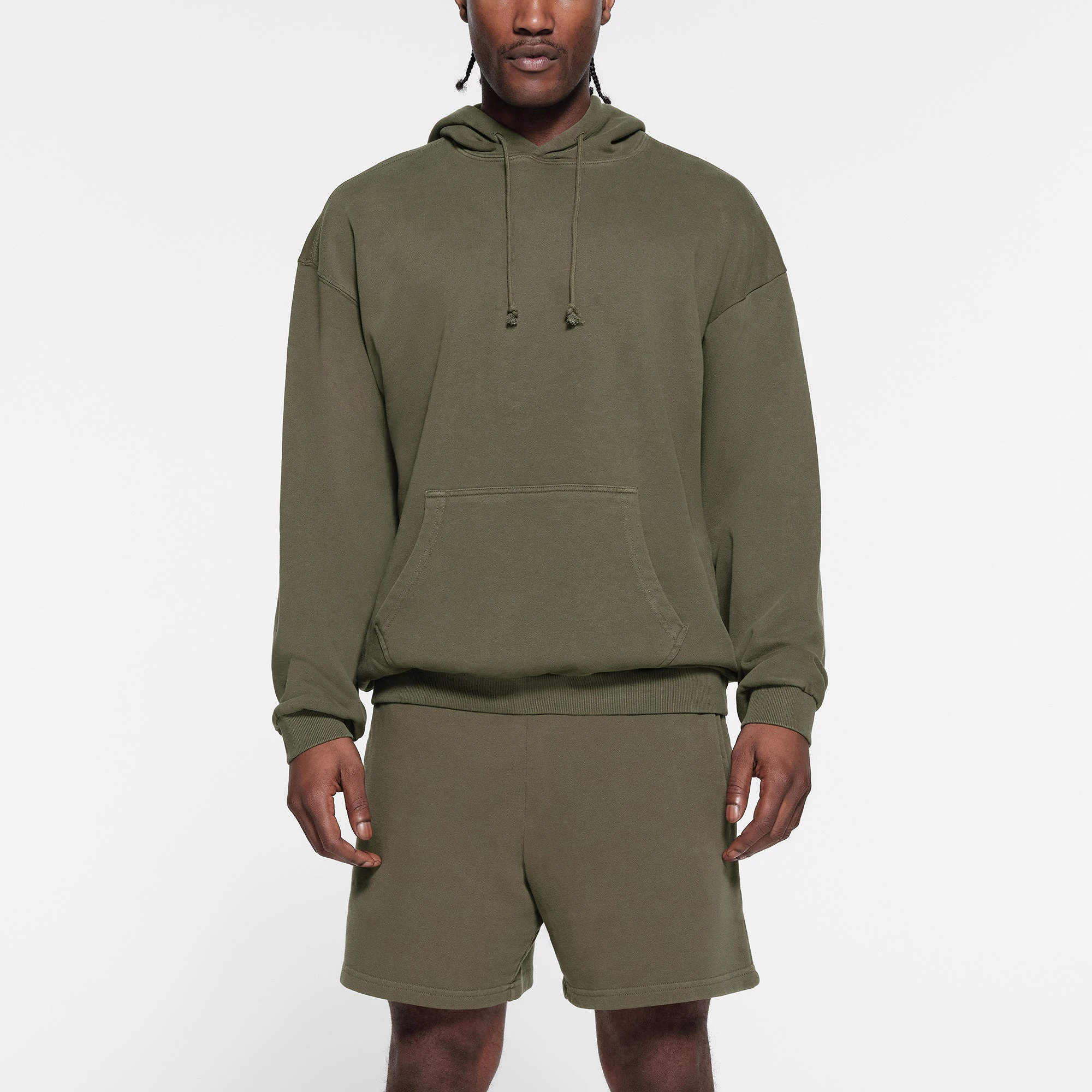 TERRY FLEECE MENS RELAXED HOODIE | MILITARY ON A MODEL FRONT VIEW