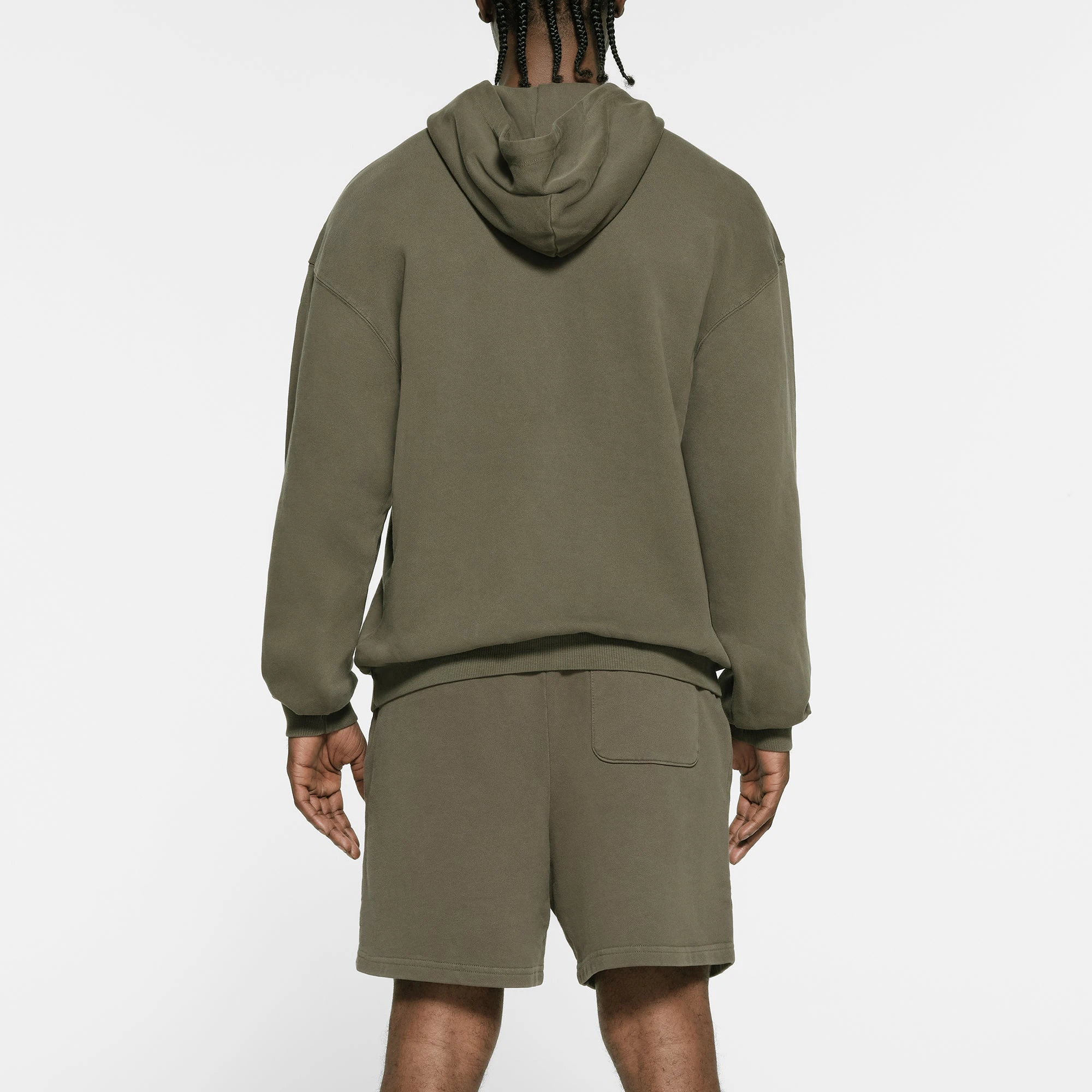 TERRY FLEECE MENS RELAXED HOODIE | MILITARY ON A MODEL BACK VIEW