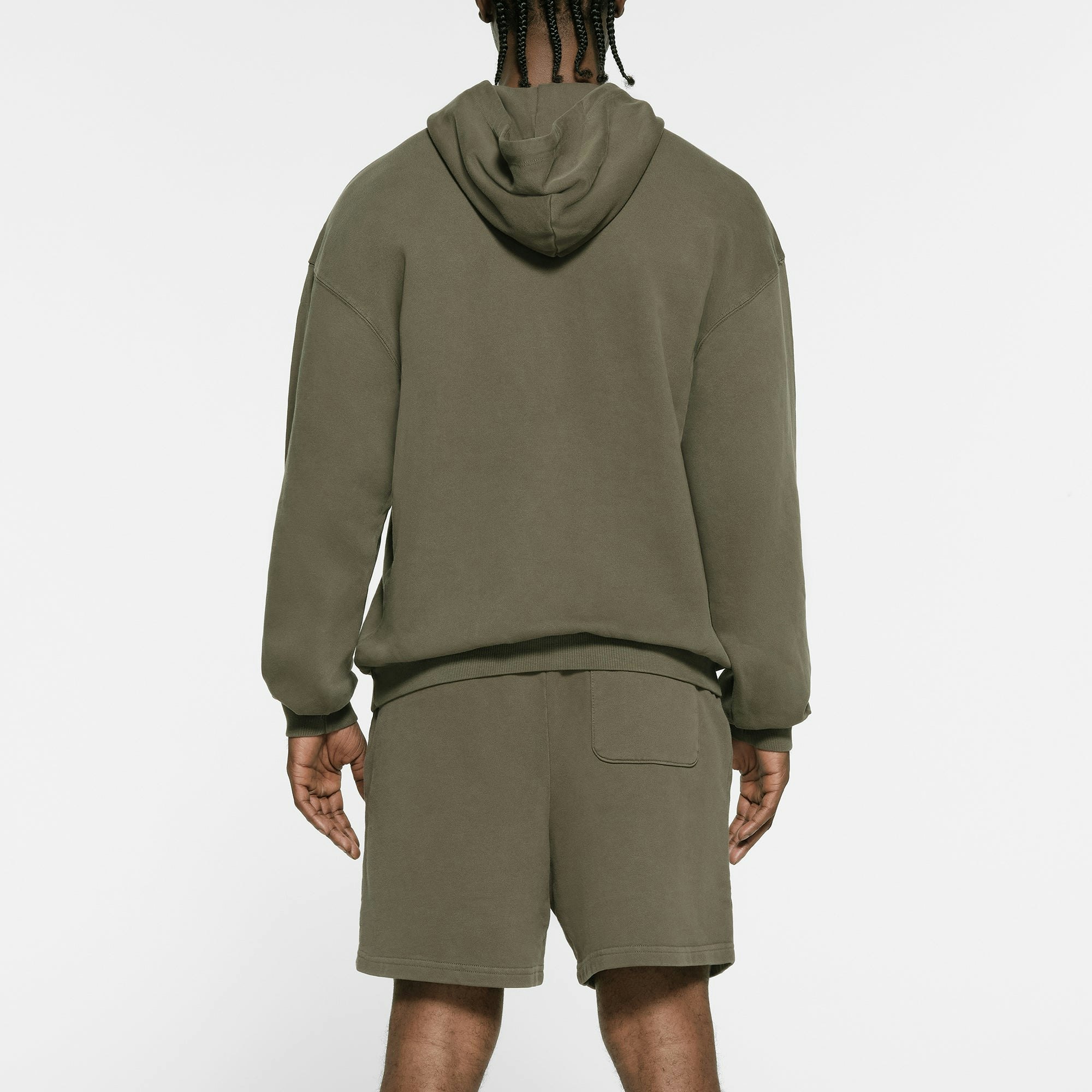 TERRY FLEECE MENS RELAXED HOODIE | MILITARY ON A MODEL BACK VIEW