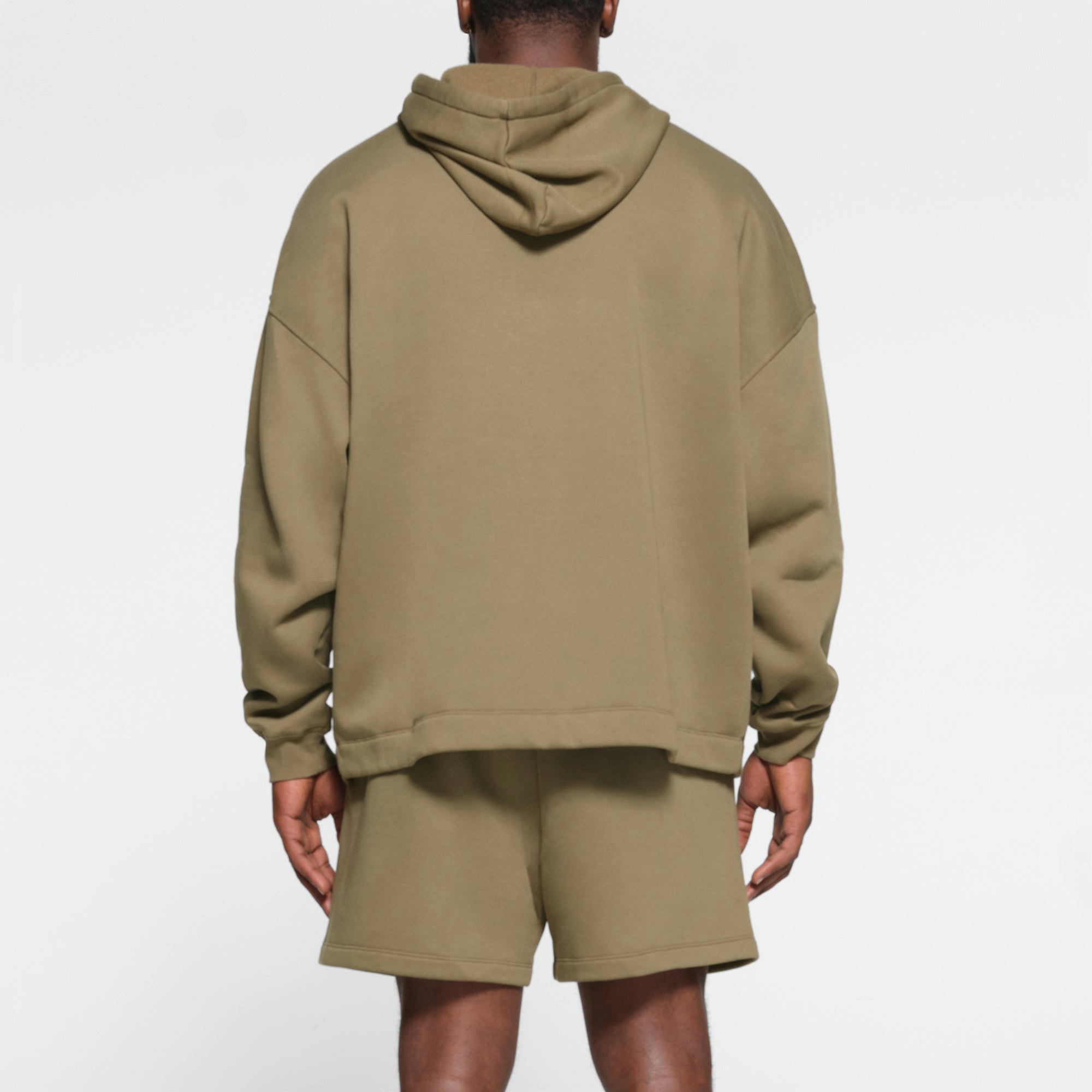 LOUNGE FLEECE MENS RELAXED HOODIE | ARMY ON A MODEL BACK VIEW