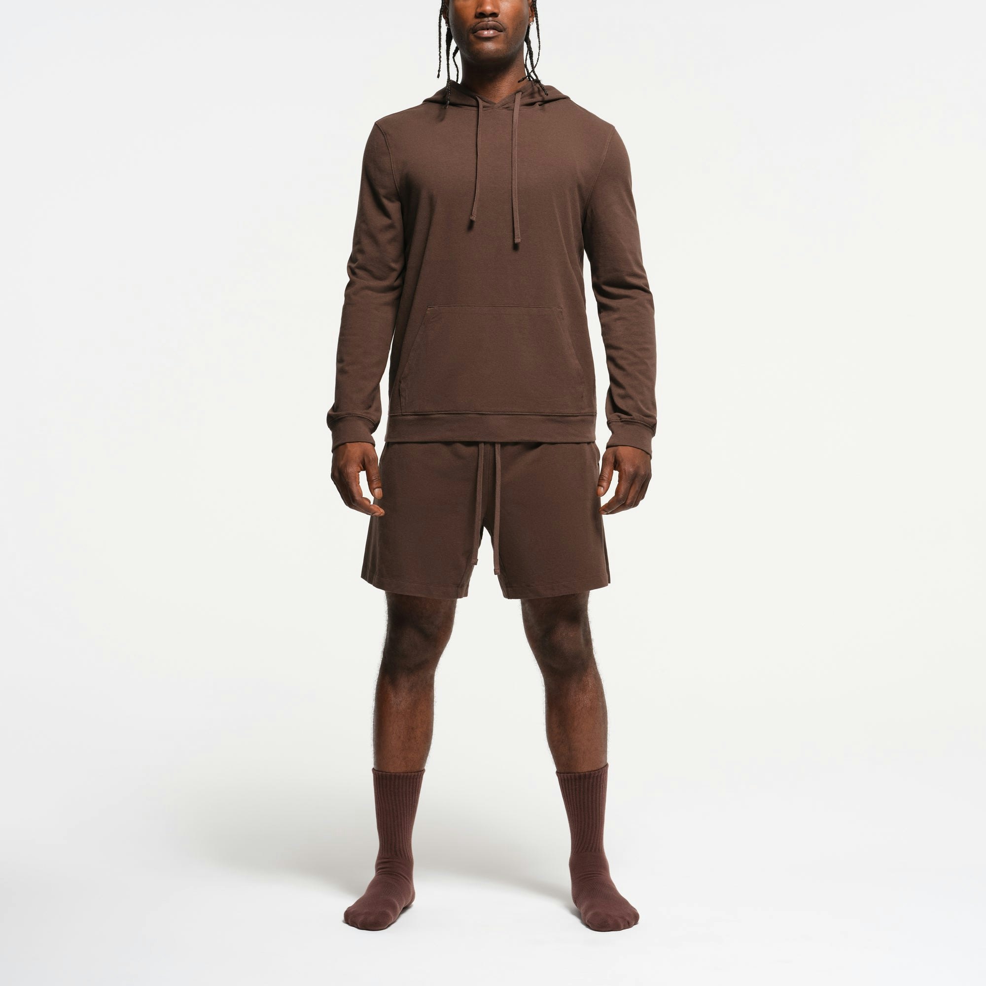 JERSEY LOUNGE MENS HOODIE | MUD ON A MODEL FRONT VIEW | FOCUS: 0.0, 1.0, 0.9