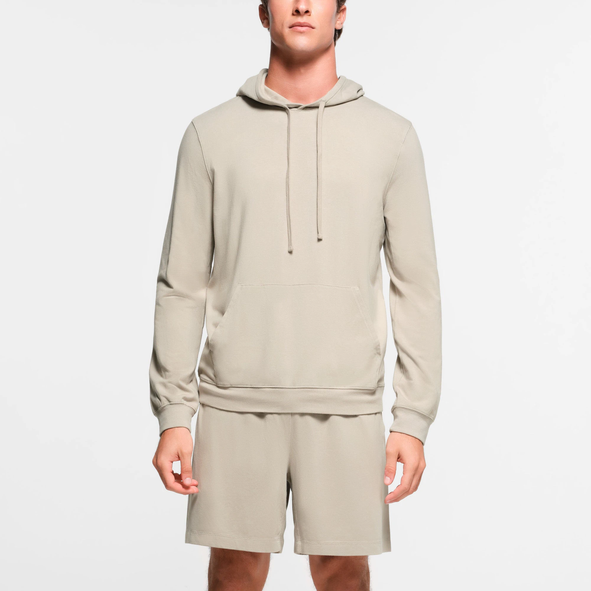 JERSEY LOUNGE MENS HOODIE | SHALE ON A MODEL FRONT VIEW