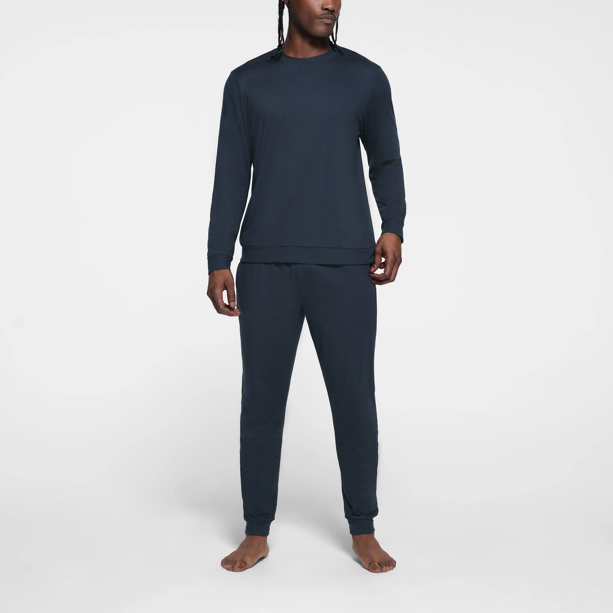OUTDOOR JERSEY MENS CLASSIC CREWNECK | MIDNIGHT BLUE ON A MODEL FRONT VIEW