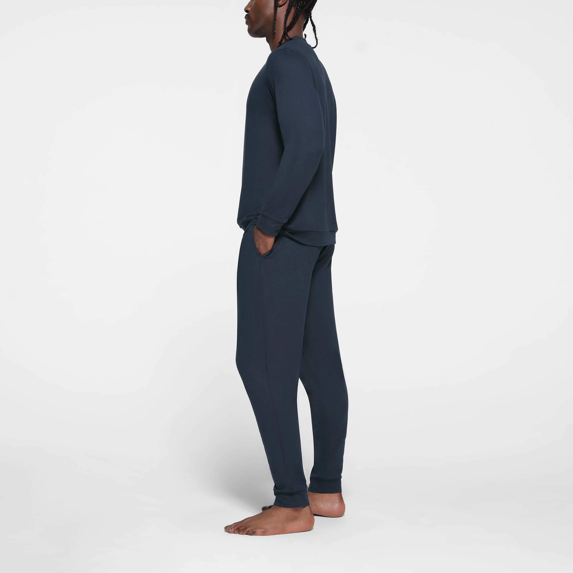 OUTDOOR JERSEY MENS CLASSIC CREWNECK | MIDNIGHT BLUE ON A MODEL SIDE VIEW