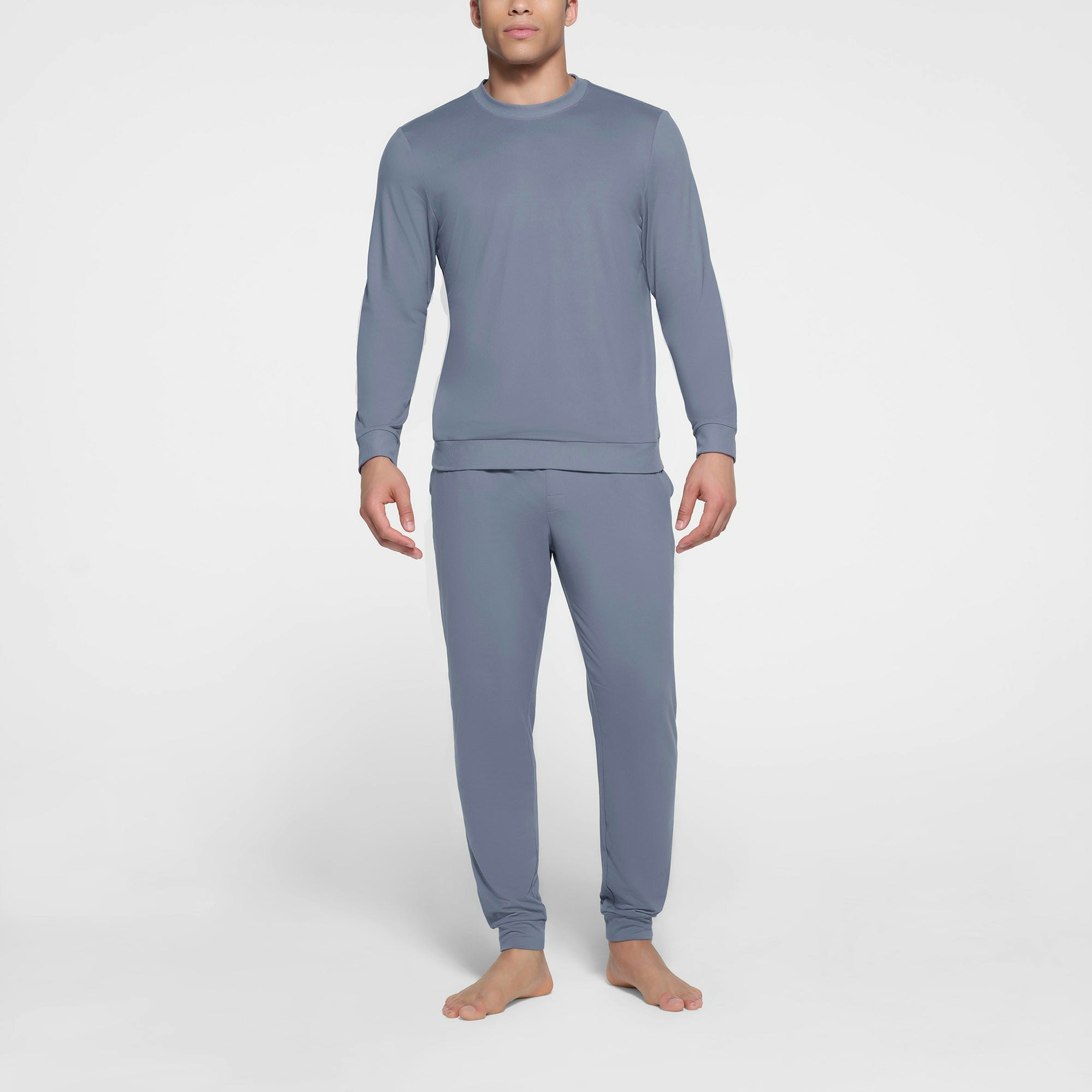 OUTDOOR JERSEY MENS CLASSIC CREWNECK | STEEL BLUE ON A MODEL FRONT VIEW