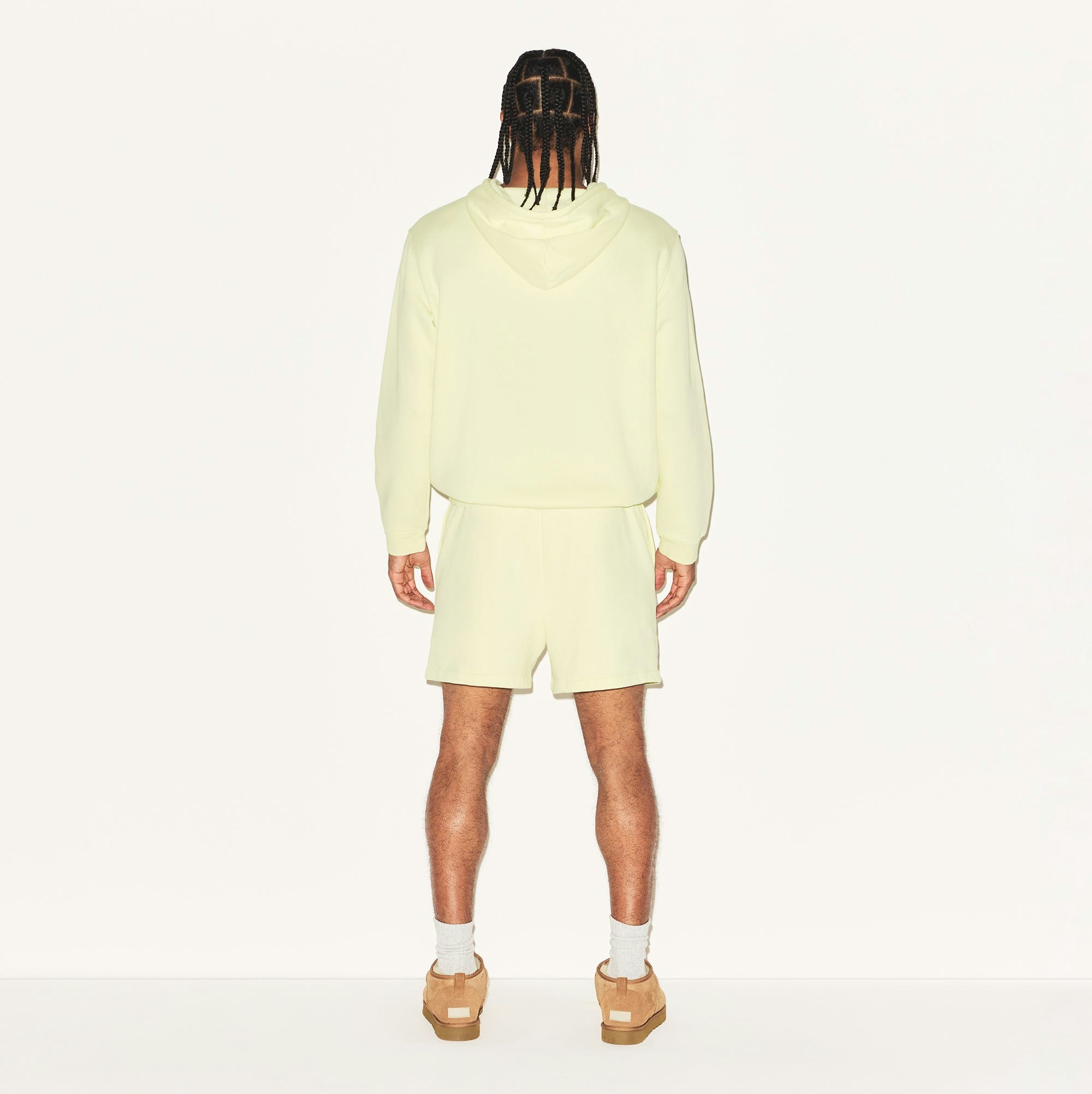 FLEECE LOUNGE MENS CLASSIC HOODIE | SULFUR ON A MODEL BACK VIEW | FOCUS: 0.0, 1.0, 0.9