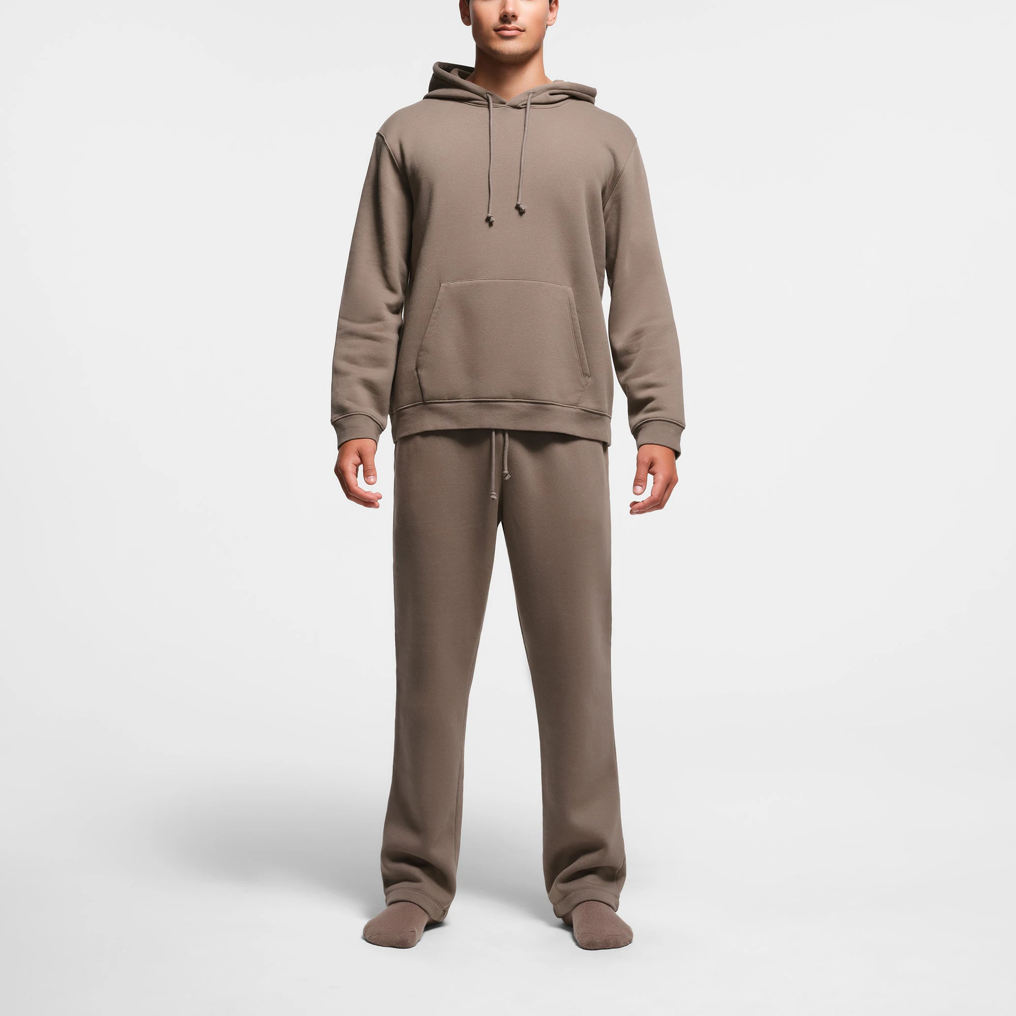 FLEECE LOUNGE MENS CLASSIC HOODIE | TRUFFLE ON A MODEL FRONT VIEW