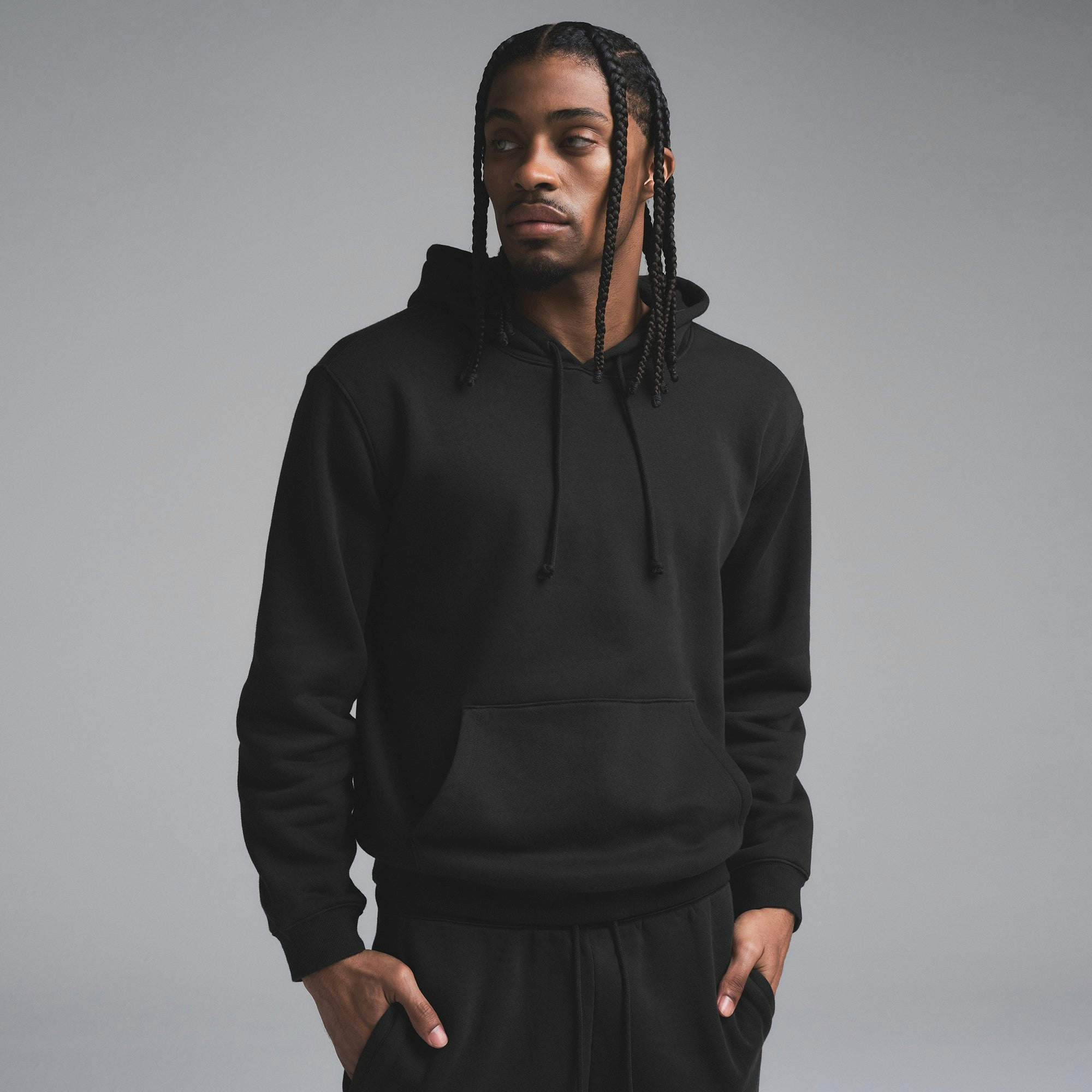 FLEECE LOUNGE MENS CLASSIC HOODIE | WASHED ONYX ON A MODEL SIDE VIEW | FOCUS: 0.0, 1.0, 0.9