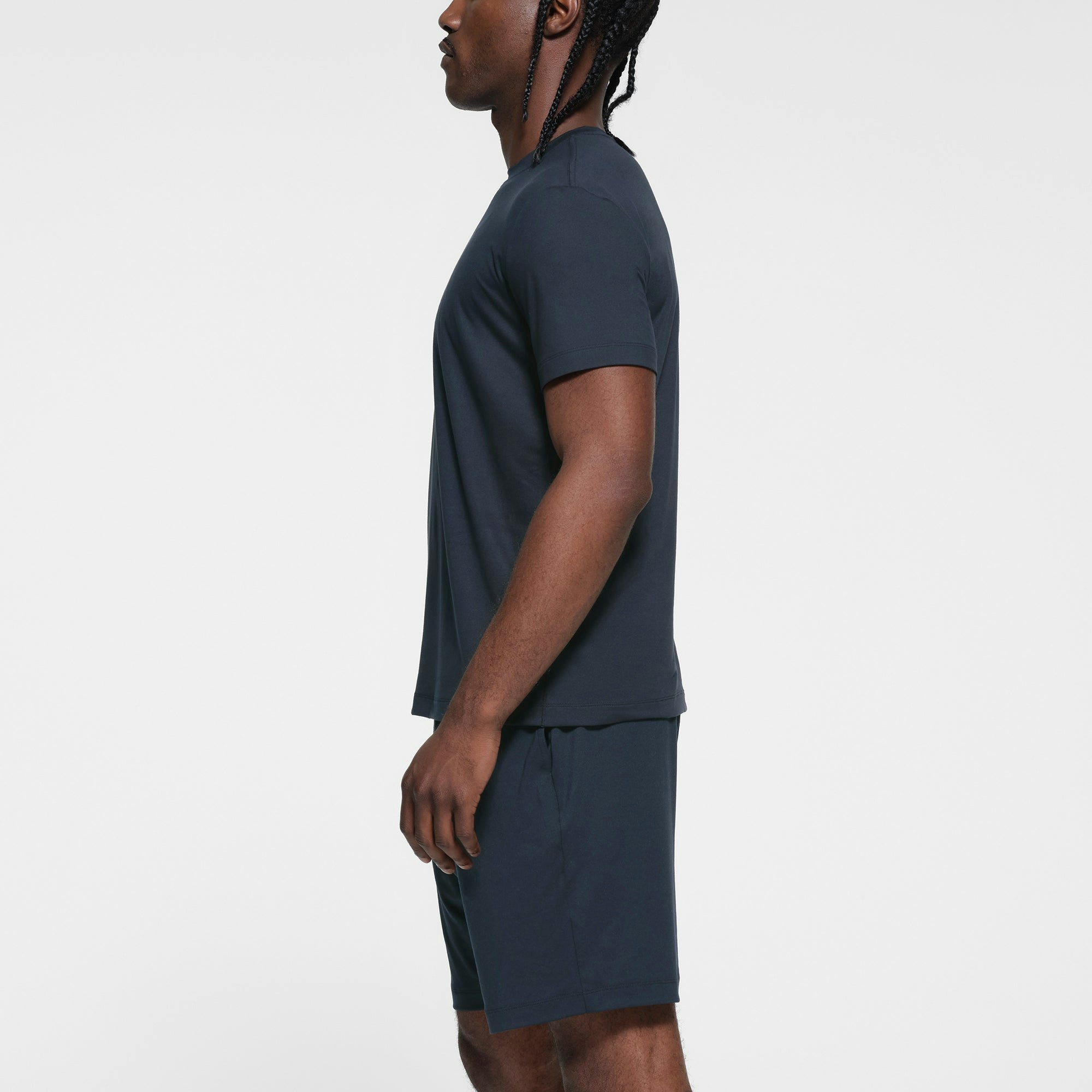 OUTDOOR JERSEY MENS CLASSIC T-SHIRT | MIDNIGHT BLUE ON A MODEL SIDE VIEW