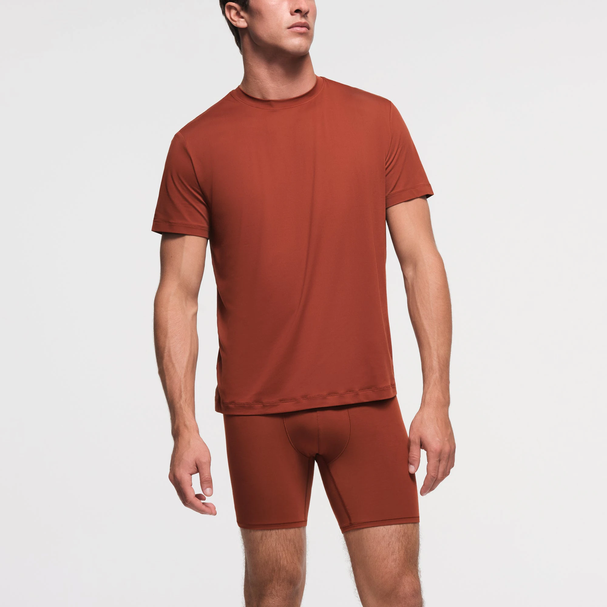 OUTDOOR JERSEY MENS CLASSIC T-SHIRT | RUST ON A MODEL FRONT VIEW