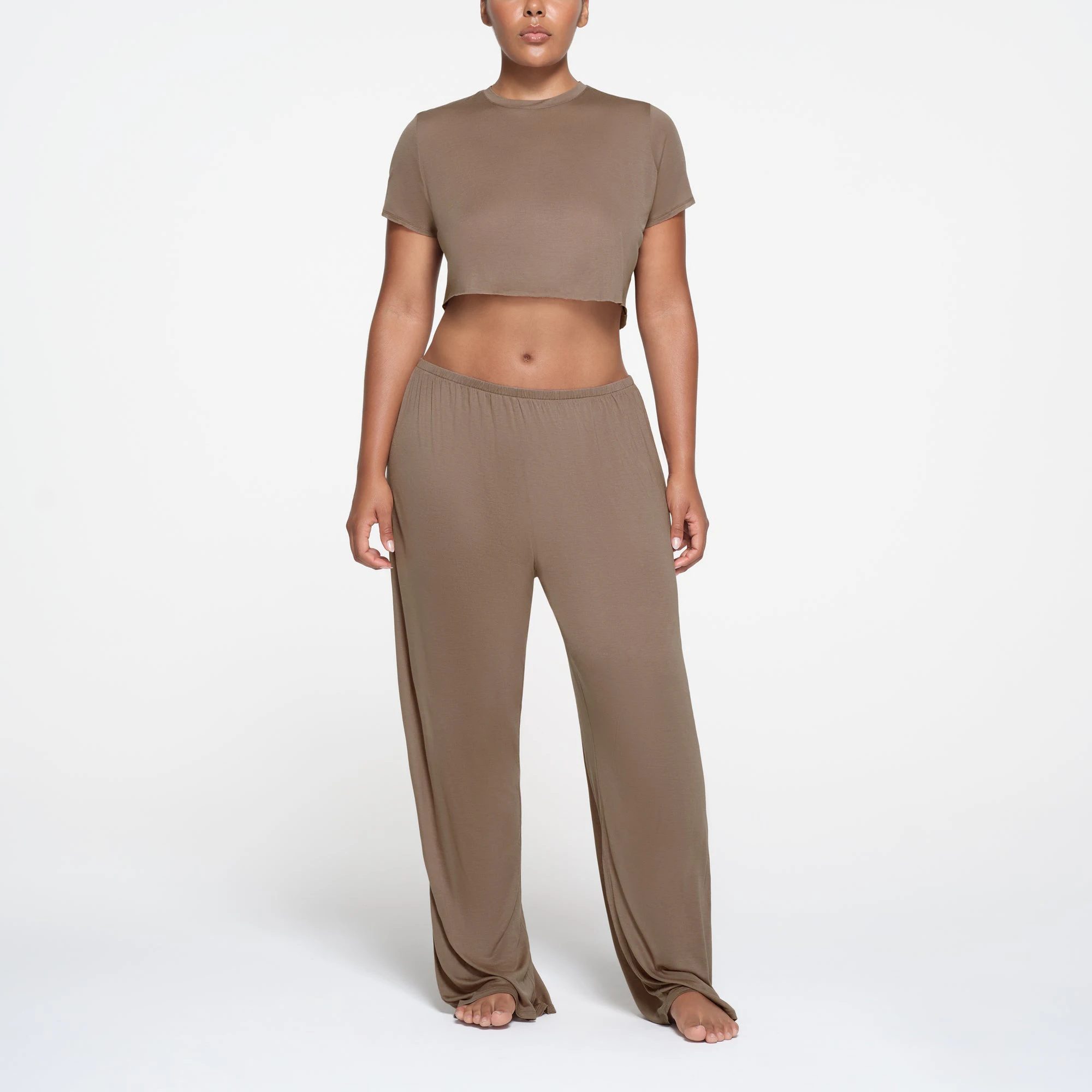 KIM'S SLEEP CROPPED CREWNECK | TRUFFLE ON A MODEL FRONT VIEW