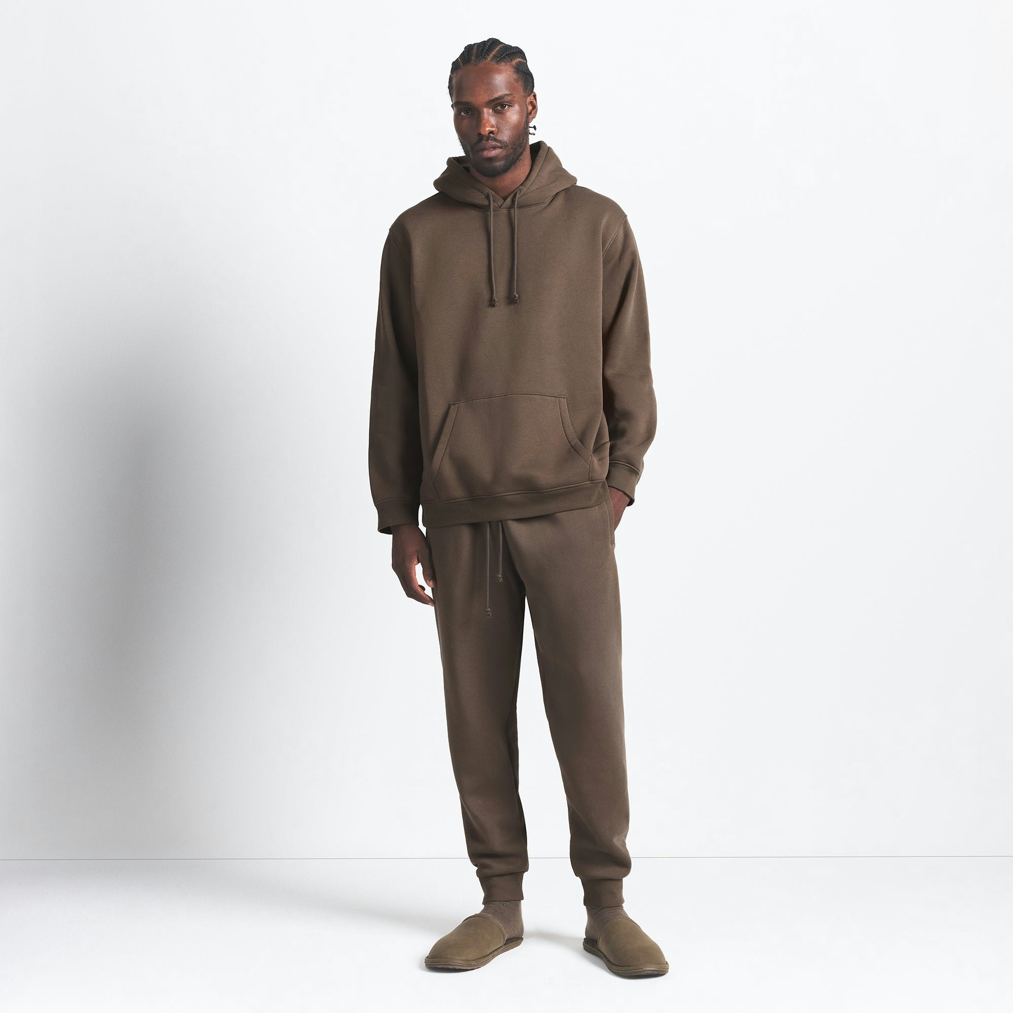 FLEECE LOUNGE MENS CLASSIC HOODIE | DRIFTWOOD ON A MODEL FRONT VIEW @ | FOCUS: 0.0, 1.0, 0.9