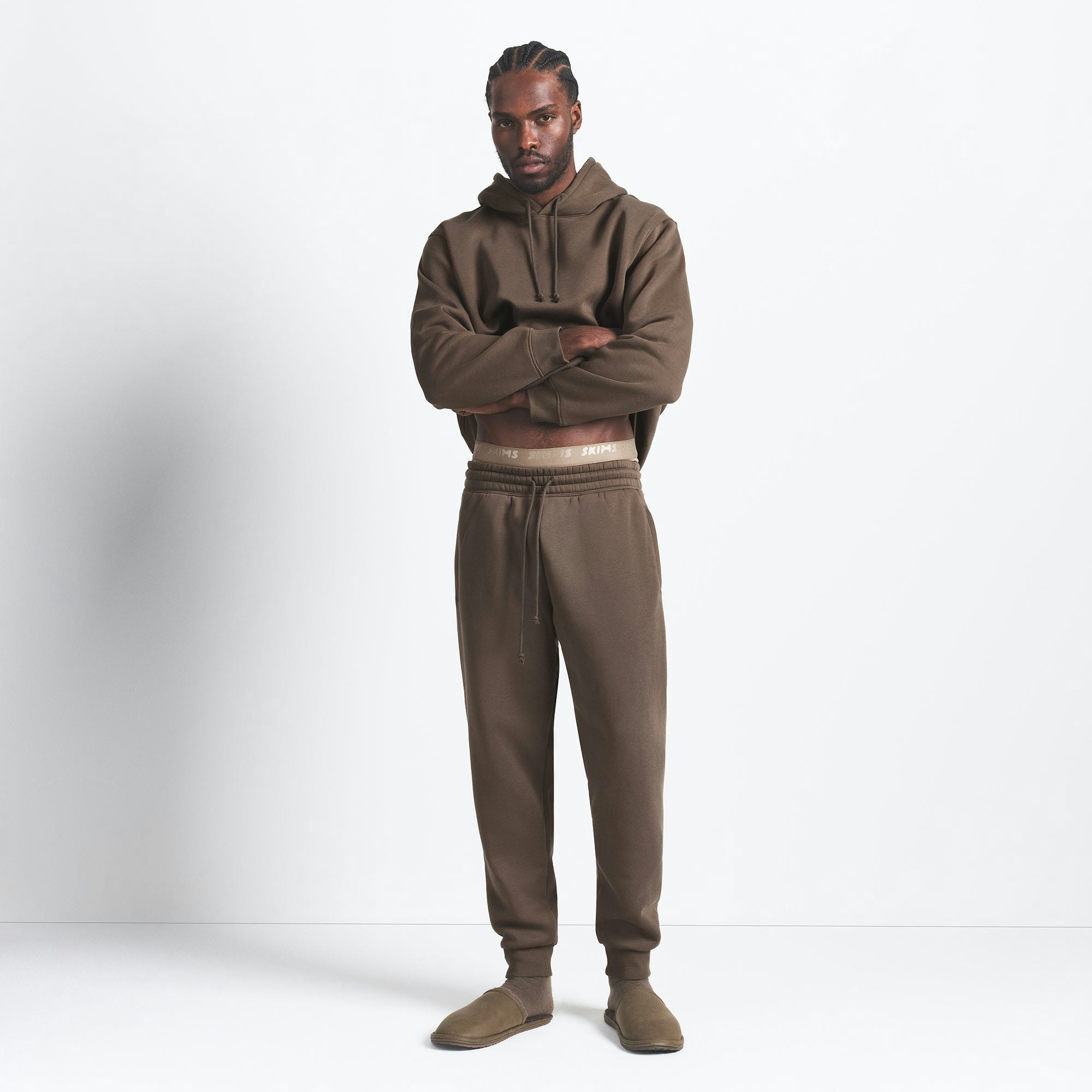 FLEECE LOUNGE MENS CLASSIC HOODIE | DRIFTWOOD ON A MODEL FRONT VIEW @ | FOCUS: 0.0, 1.0, 0.9