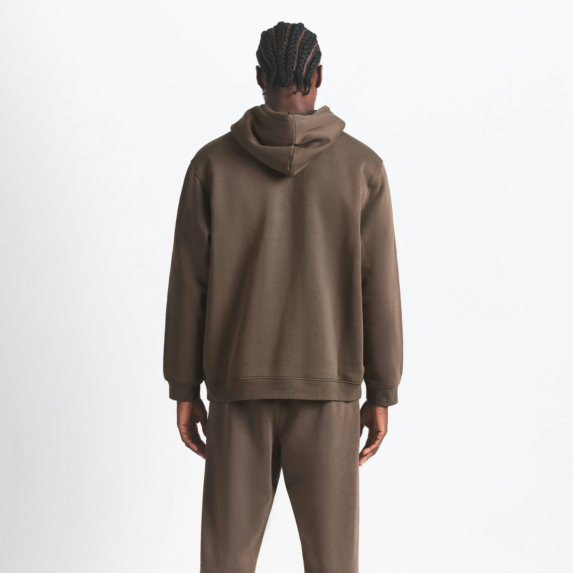 FLEECE LOUNGE MENS CLASSIC HOODIE | DRIFTWOOD ON A MODEL BACK VIEW @ | FOCUS: 0.0, 1.0, 0.9