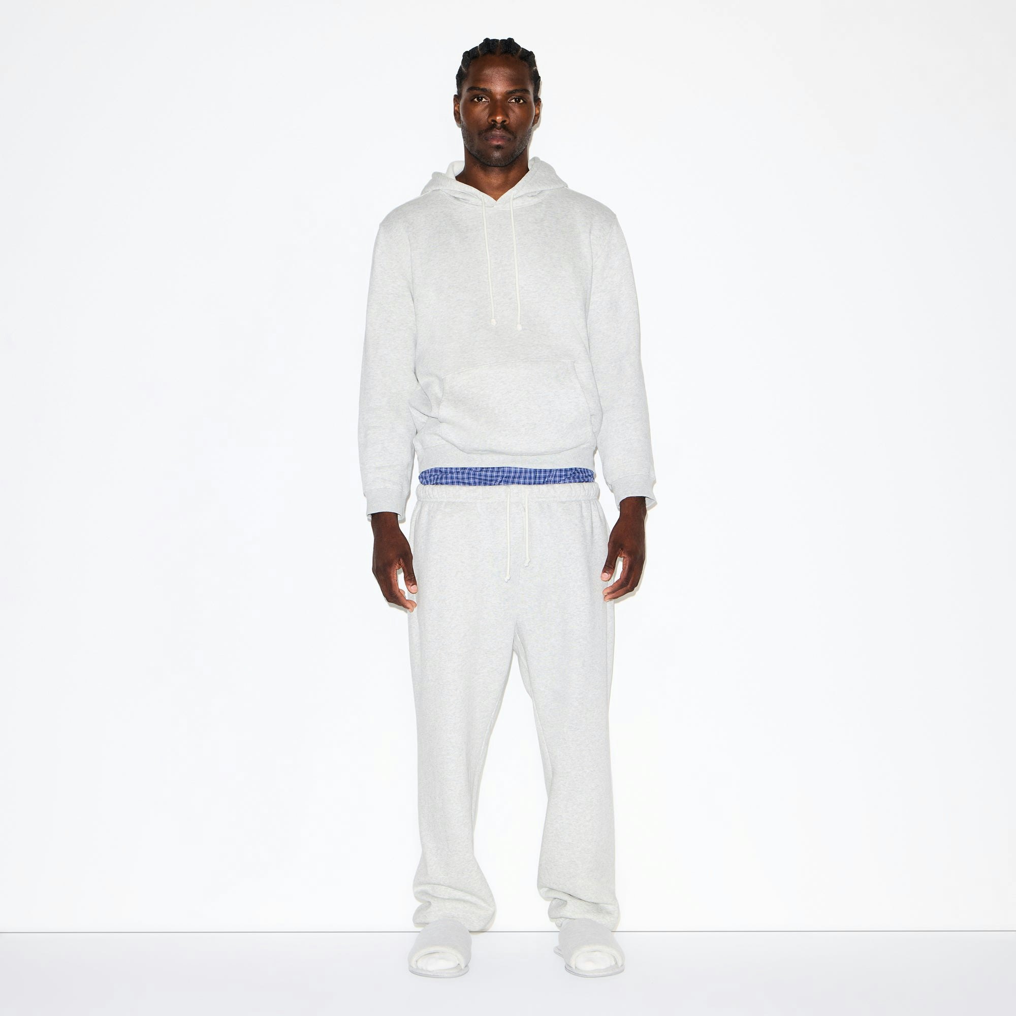 FLEECE LOUNGE MENS CLASSIC HOODIE | LIGHT HEATHER GREY ON A MODEL FRONT VIEW @ | FOCUS: 0.0, 1.0, 0.9