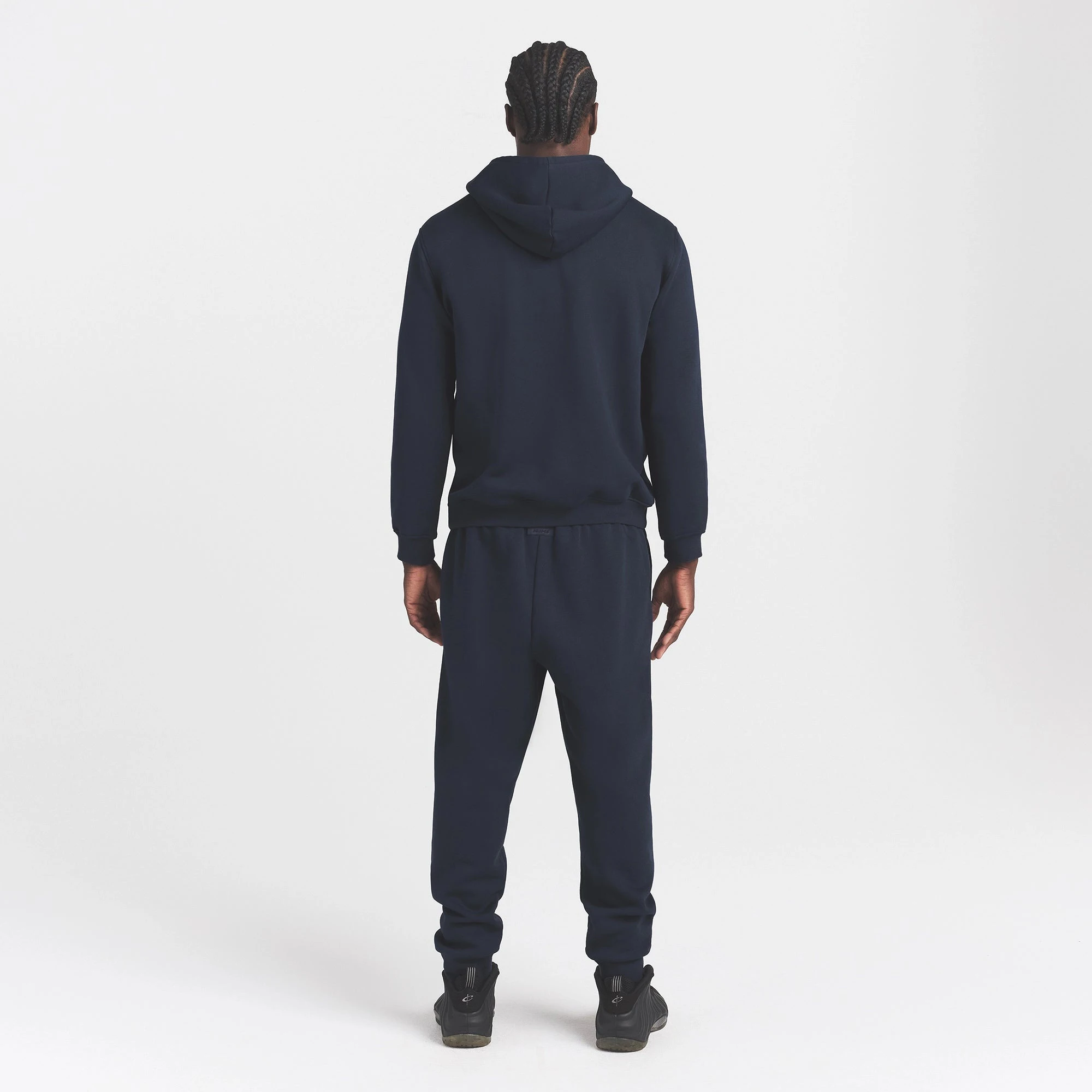 FLEECE LOUNGE MENS CLASSIC HOODIE | NAVY ON A MODEL BACK VIEW @ | FOCUS: 0.0, 1.0, 0.9