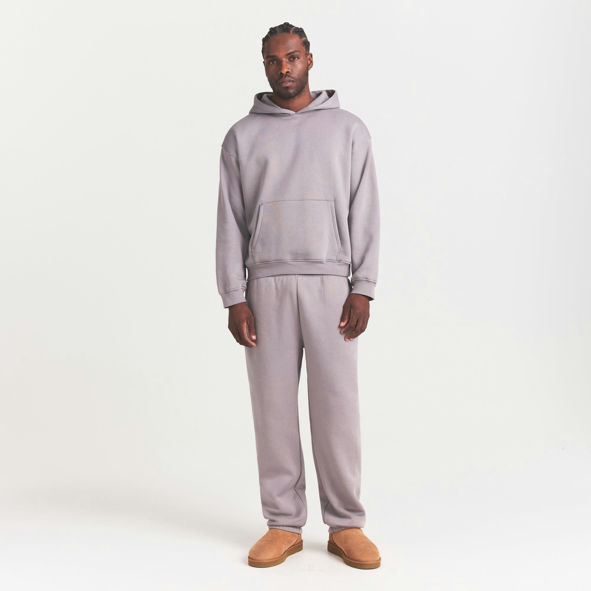 FLEECE LOUNGE MENS CLASSIC HOODIE | SHADOW ON A MODEL FRONT VIEW @ | FOCUS: 0.0, 1.0, 0.9