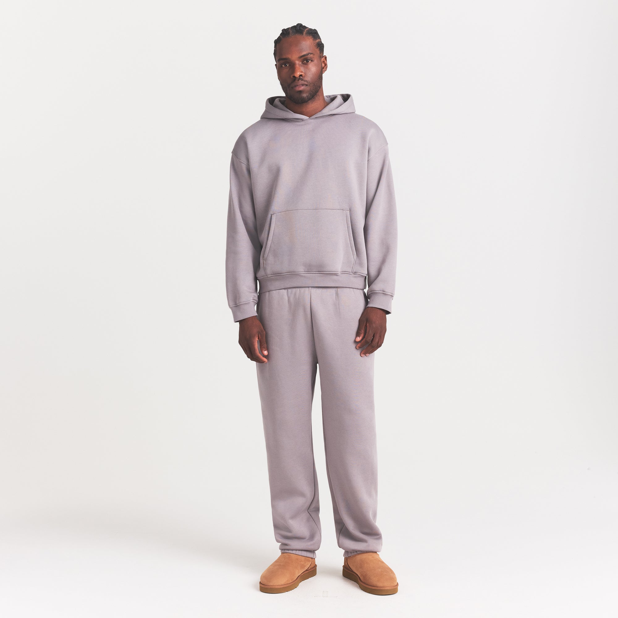 FLEECE LOUNGE MENS CLASSIC HOODIE | SHADOW ON A MODEL FRONT VIEW @ | FOCUS: 0.0, 1.0, 0.9