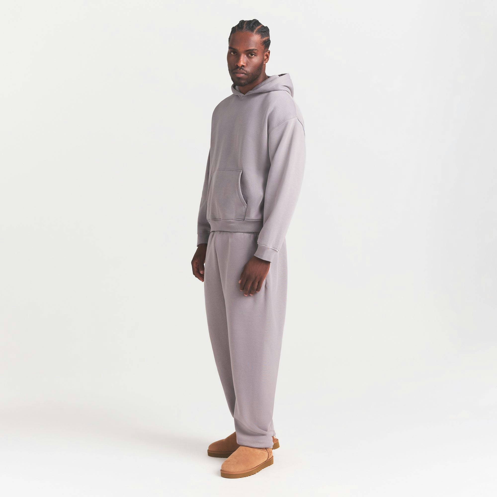 FLEECE LOUNGE MENS CLASSIC HOODIE | SHADOW ON A MODEL FRONT VIEW @ | FOCUS: 0.0, 1.0, 0.9