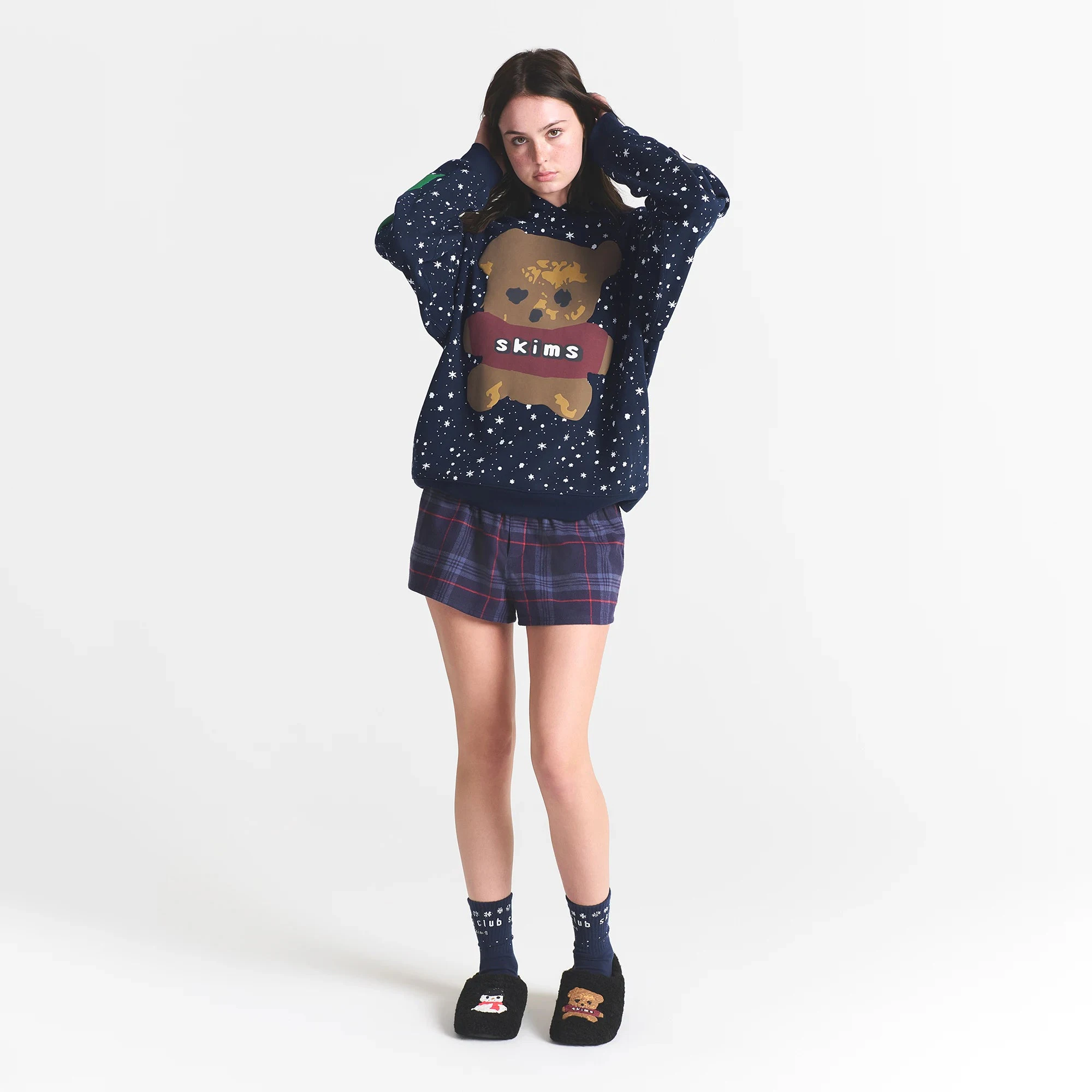 CACTUS PLANT FLEA MARKET X SKIMS COTTON FLEECE OVERSIZED HOODIE | NAVY DOVE SNOW PRINT ON A MODEL FRONT VIEW @ | FOCUS: 0.0, 1.0, 0.9