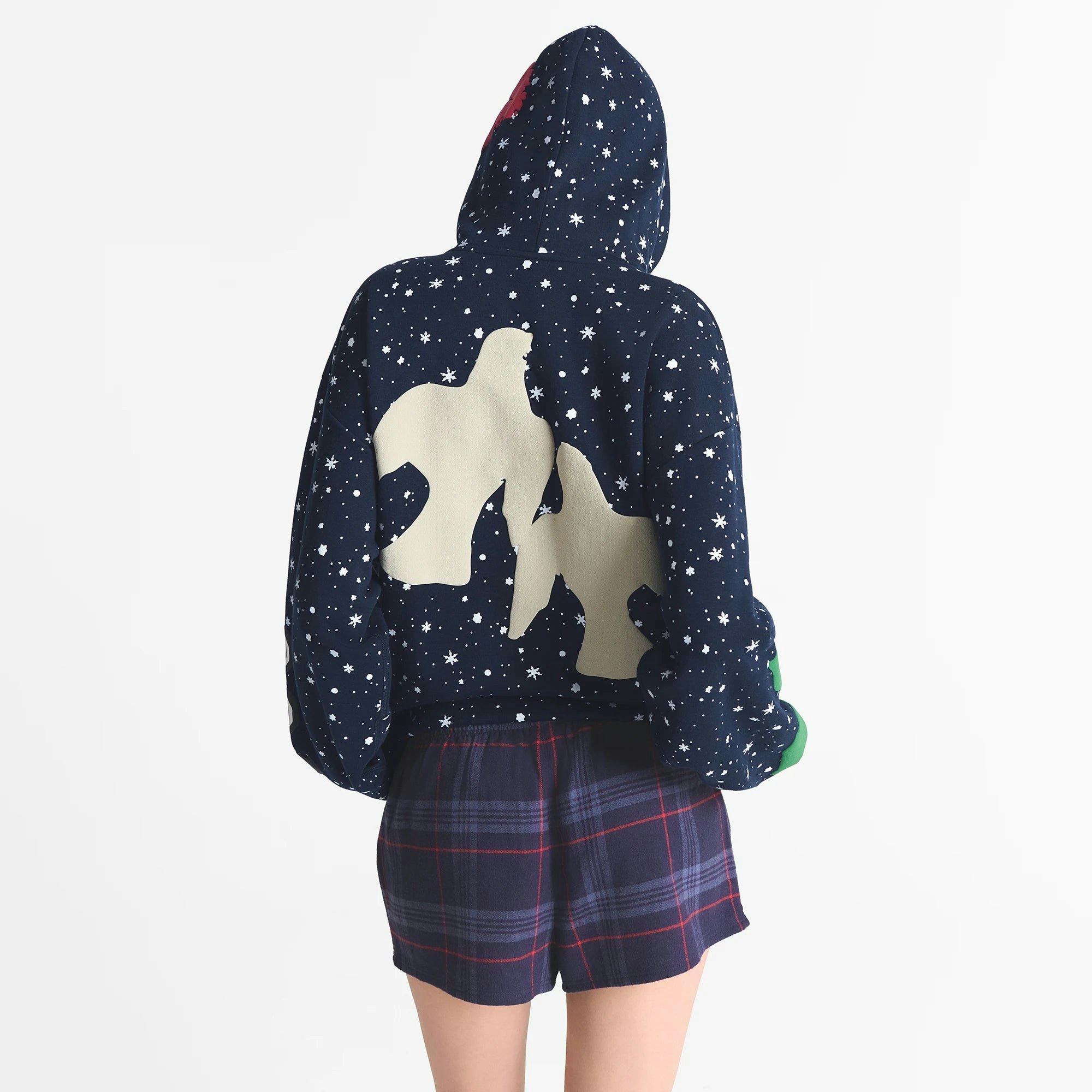 CACTUS PLANT FLEA MARKET X SKIMS COTTON FLEECE OVERSIZED HOODIE | NAVY DOVE SNOW PRINT ON A MODEL BACK VIEW @ | FOCUS: 0.0, 1.0, 0.9